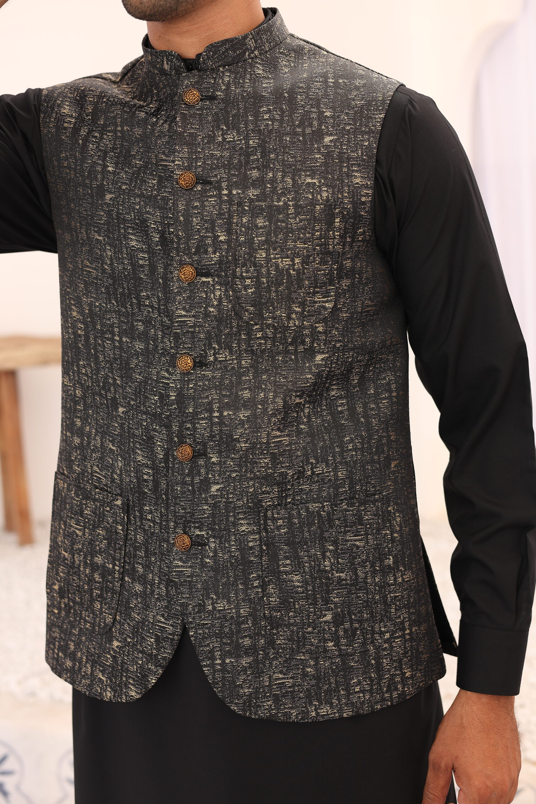 Green Atlas Fabric Waistcoat Kurta (3-Piece) - Image 3