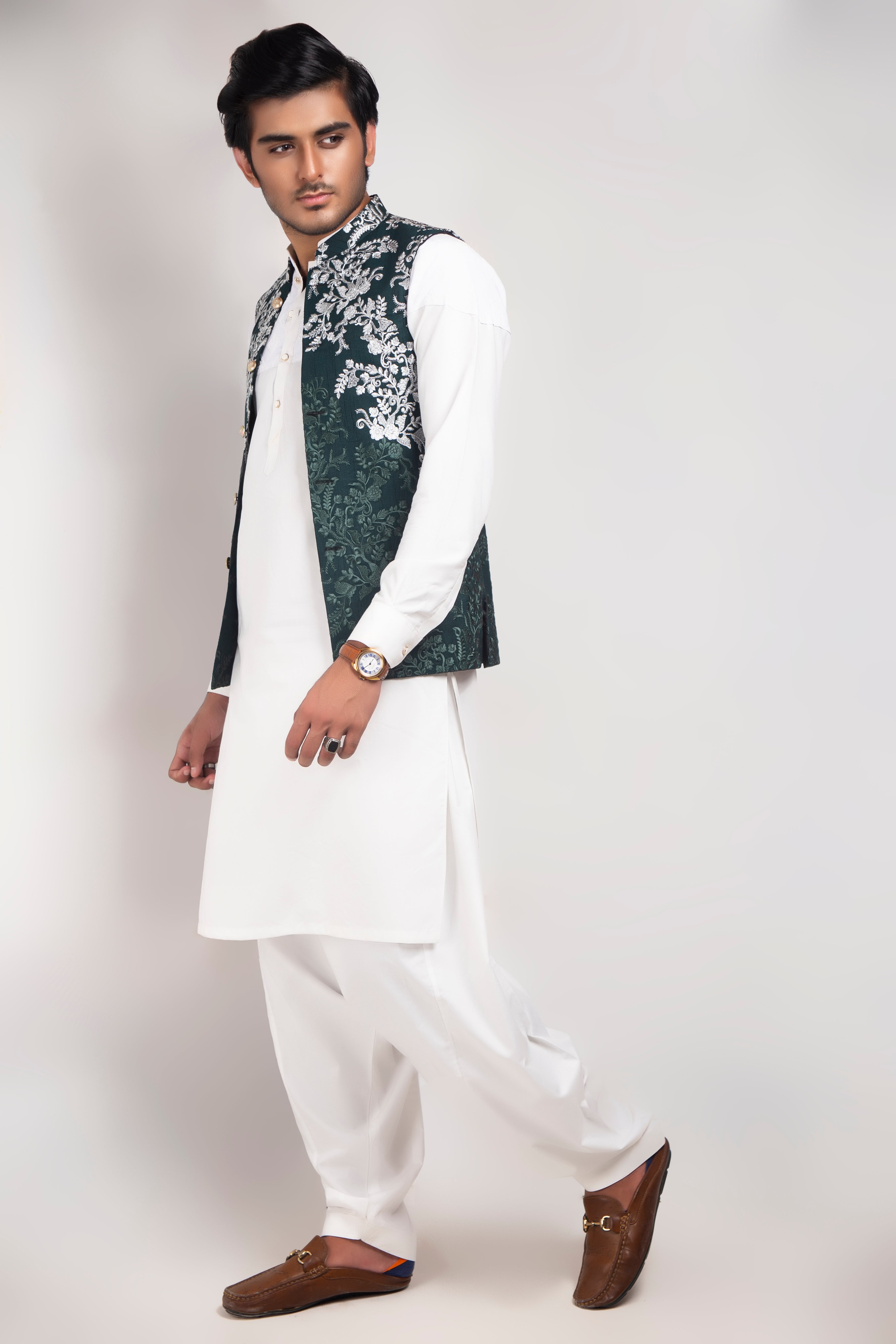 Deep Green Silver Embroidered Waistcoat (3-Piece) - Image 1