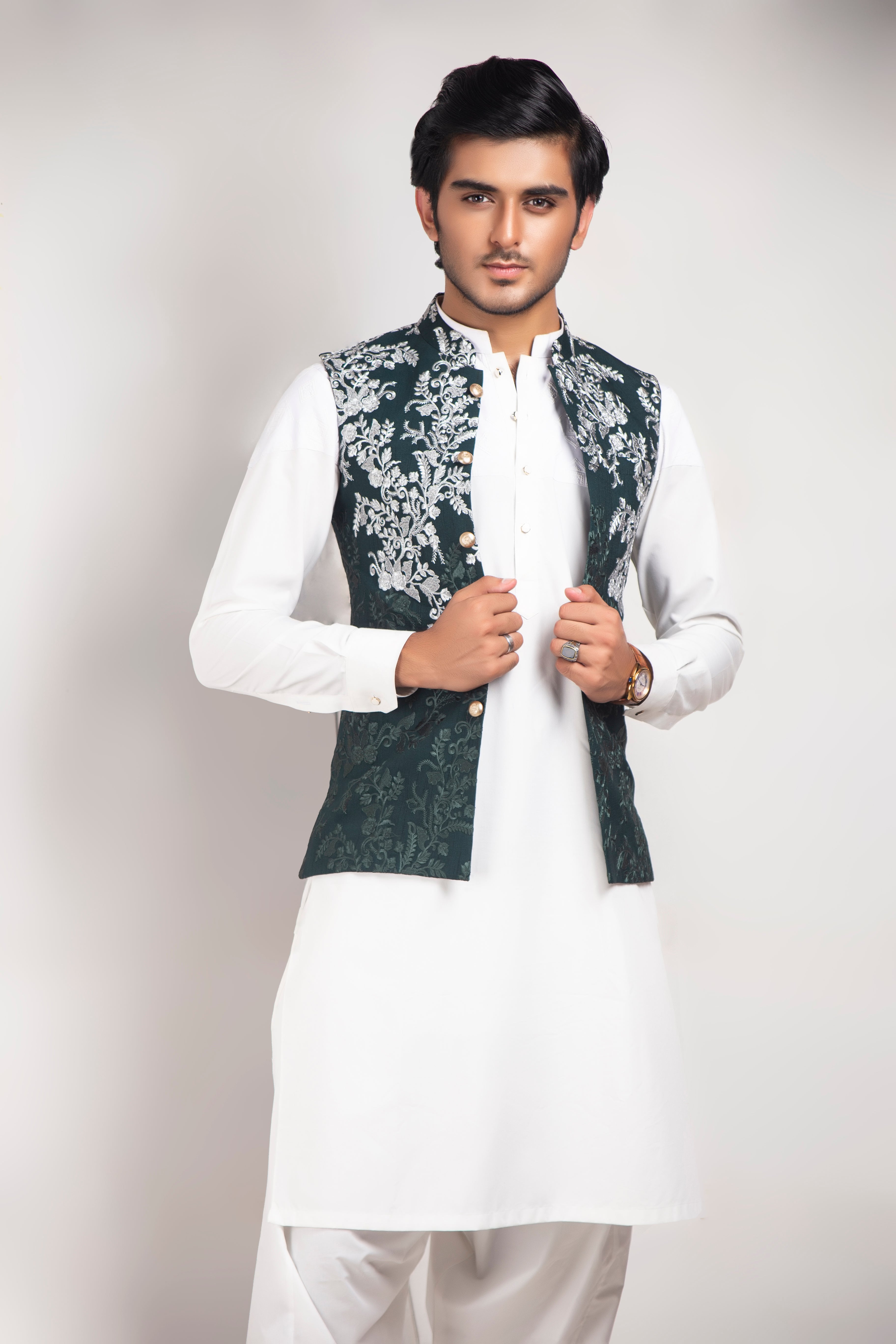 Deep Green Silver Embroidered Waistcoat (3-Piece) - Image 2