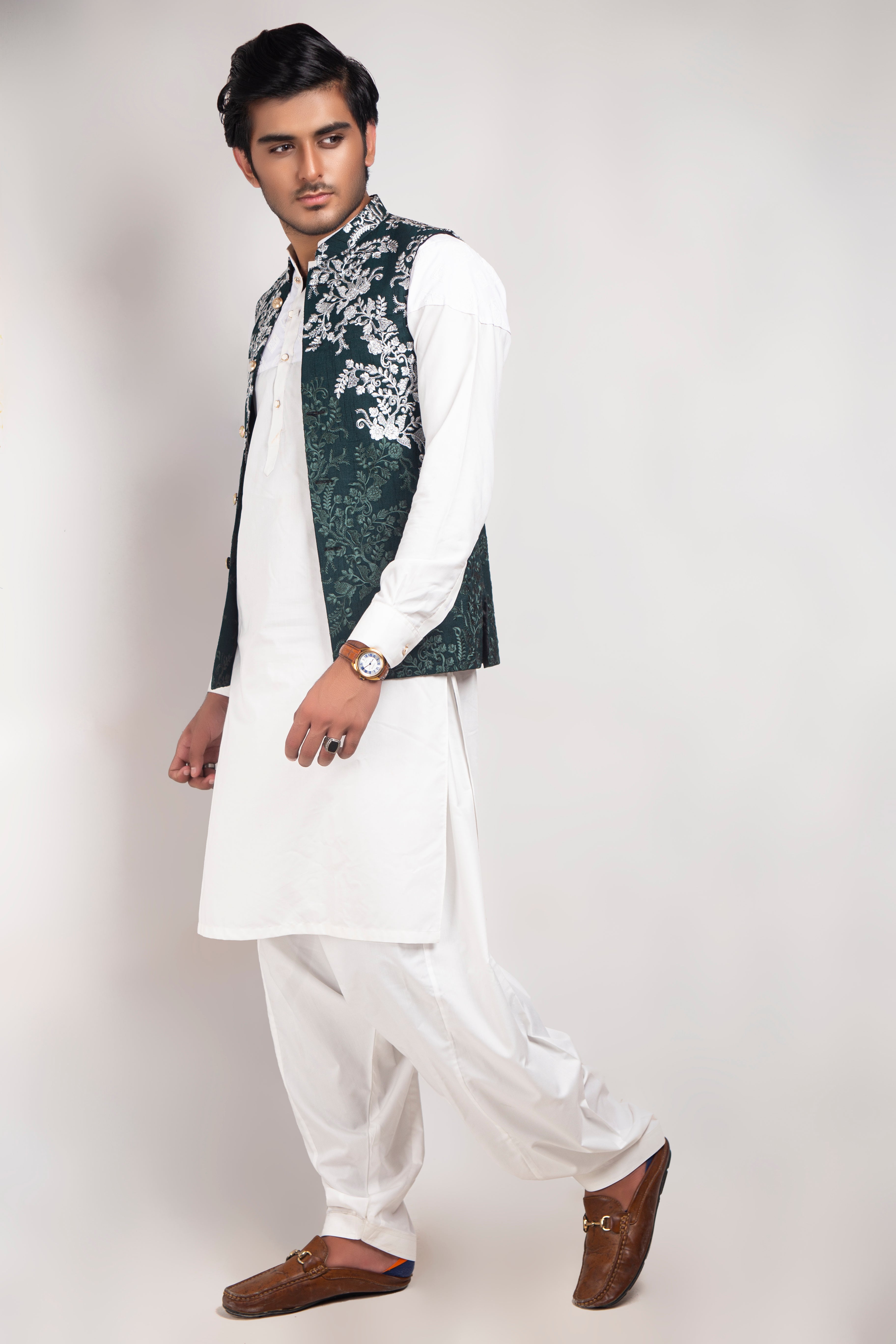Deep Green Silver Embroidered Waistcoat (3-Piece) - Image 3