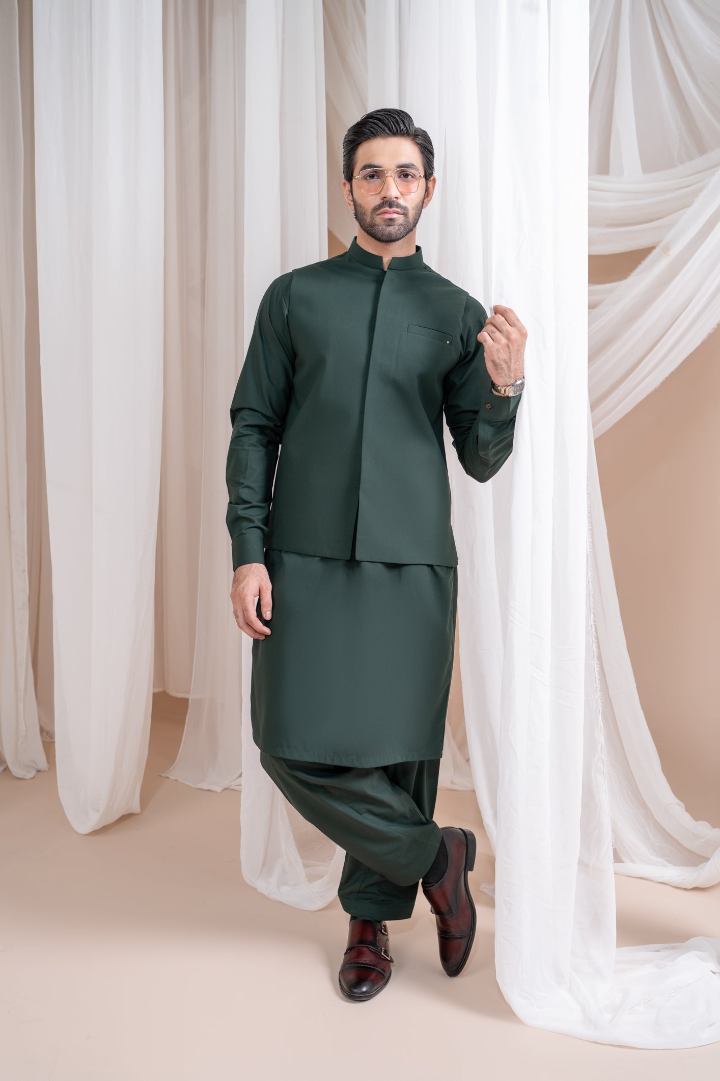 Bottle Green Luxury Blended Waistcoat Kurta (3-Piece) - Image 1