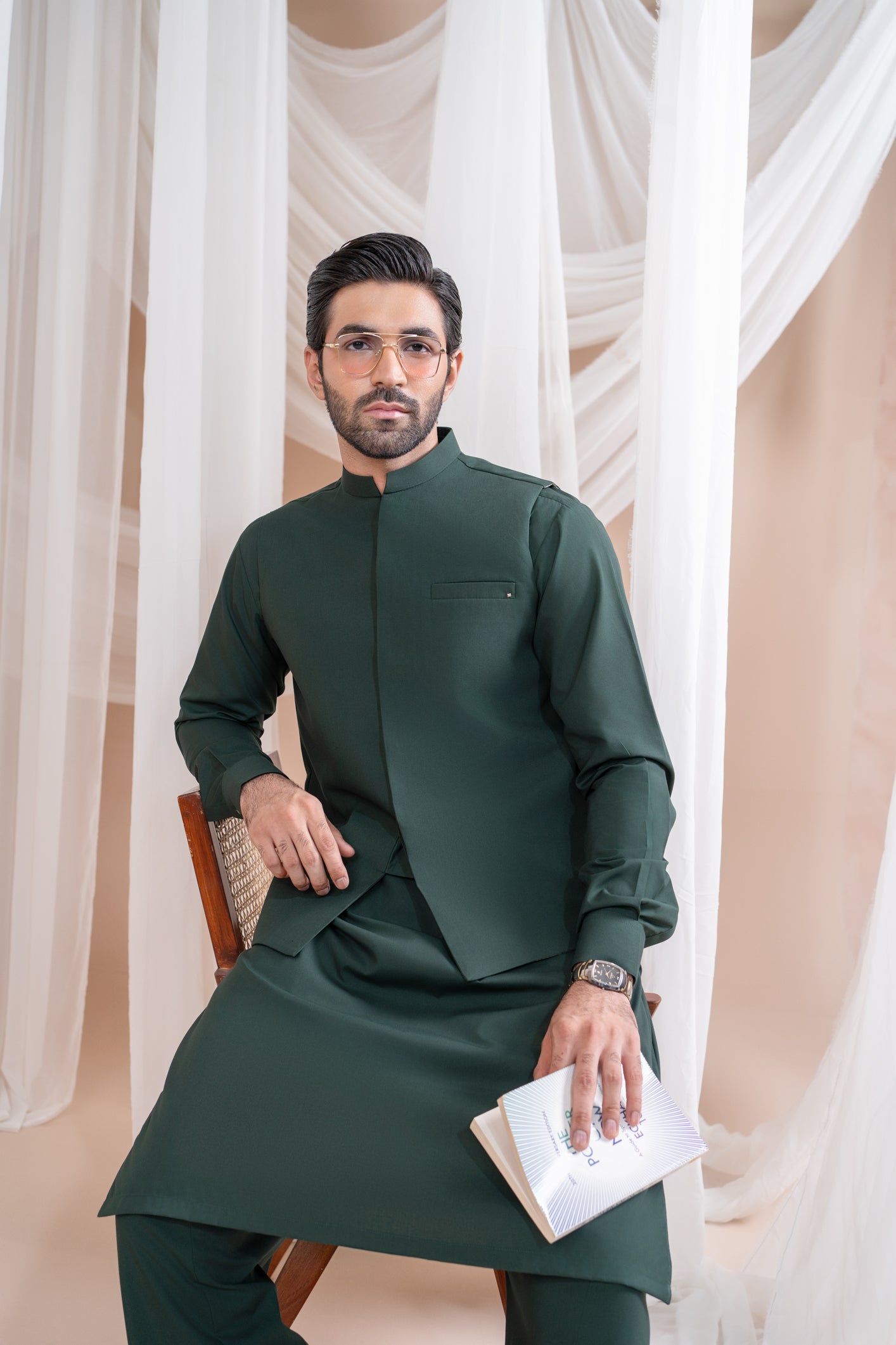 Bottle Green Luxury Blended Waistcoat Kurta (3-Piece) - Image 5