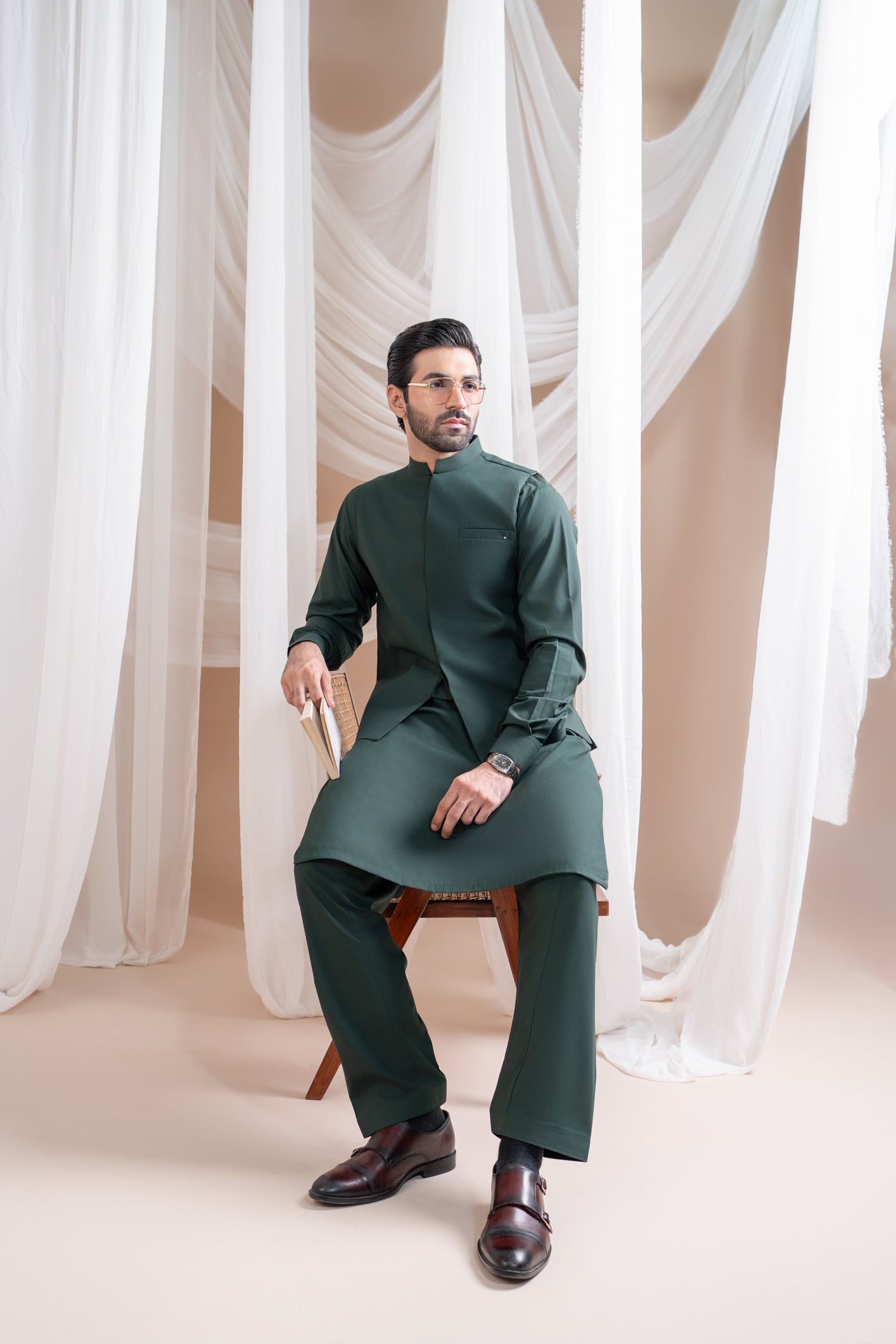 Bottle Green Luxury Blended Waistcoat Kurta (3-Piece) - Image 7