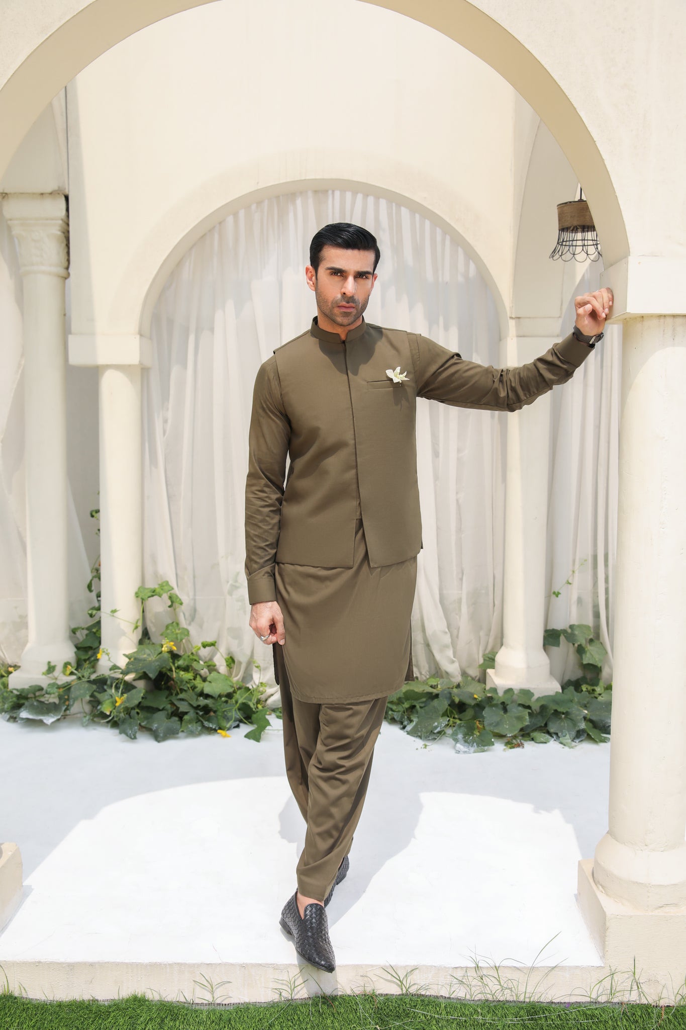 Olive Green Blended Waistcoat Kameez Shalwar (3-Piece) - Image 3