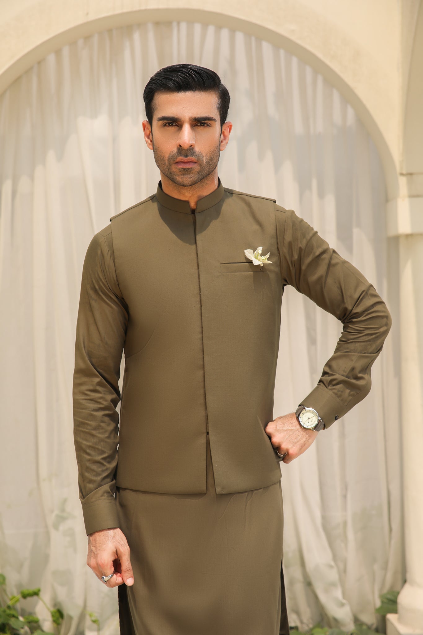 Olive Green Blended Waistcoat Kameez Shalwar (3-Piece) - Image 4
