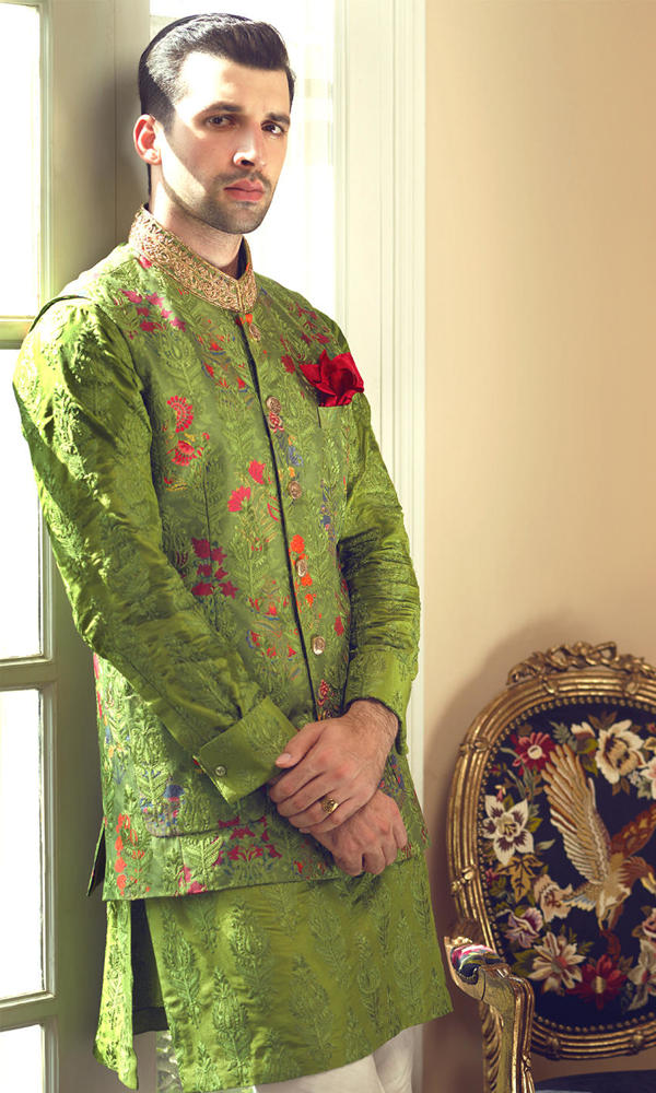 Grassy Green Embroidered Brocade Waistcoat Kurta (3-Piece) - Image 3