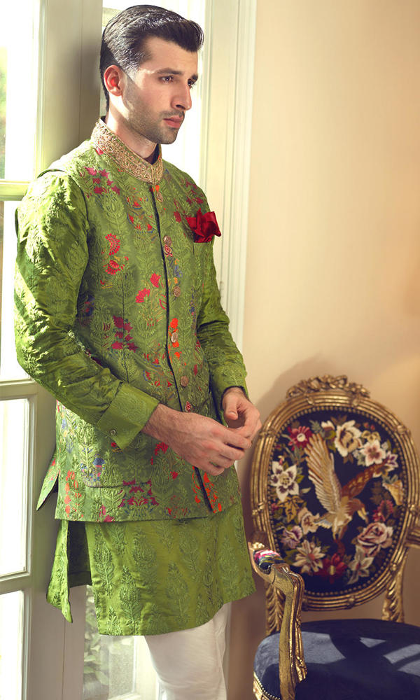 Grassy Green Embroidered Brocade Waistcoat Kurta (3-Piece) - Image 5