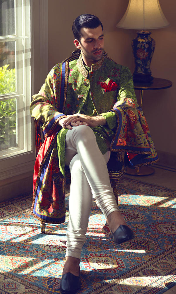 Grassy Green Embroidered Brocade Waistcoat Kurta (3-Piece) - Image 6