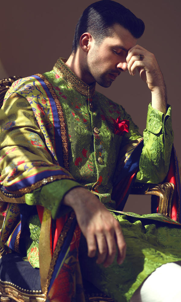 Grassy Green Embroidered Brocade Waistcoat Kurta (3-Piece) - Image 7