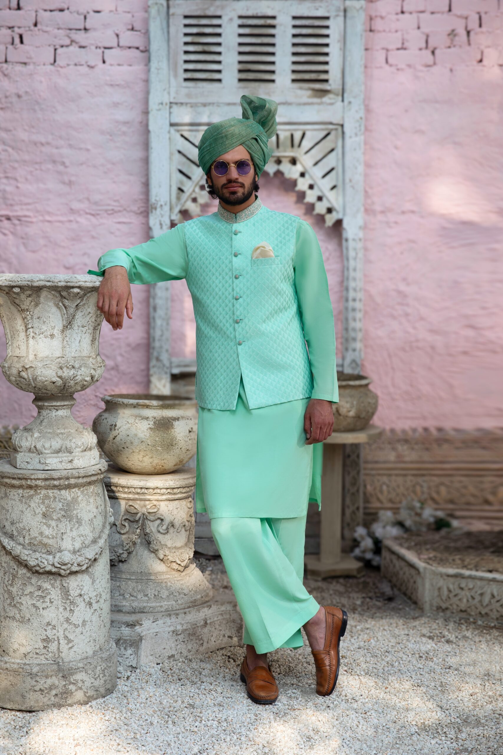 Mehendi Green Hand-Embroidered Chikankari Waistcoat (3-Piece) - Image 4