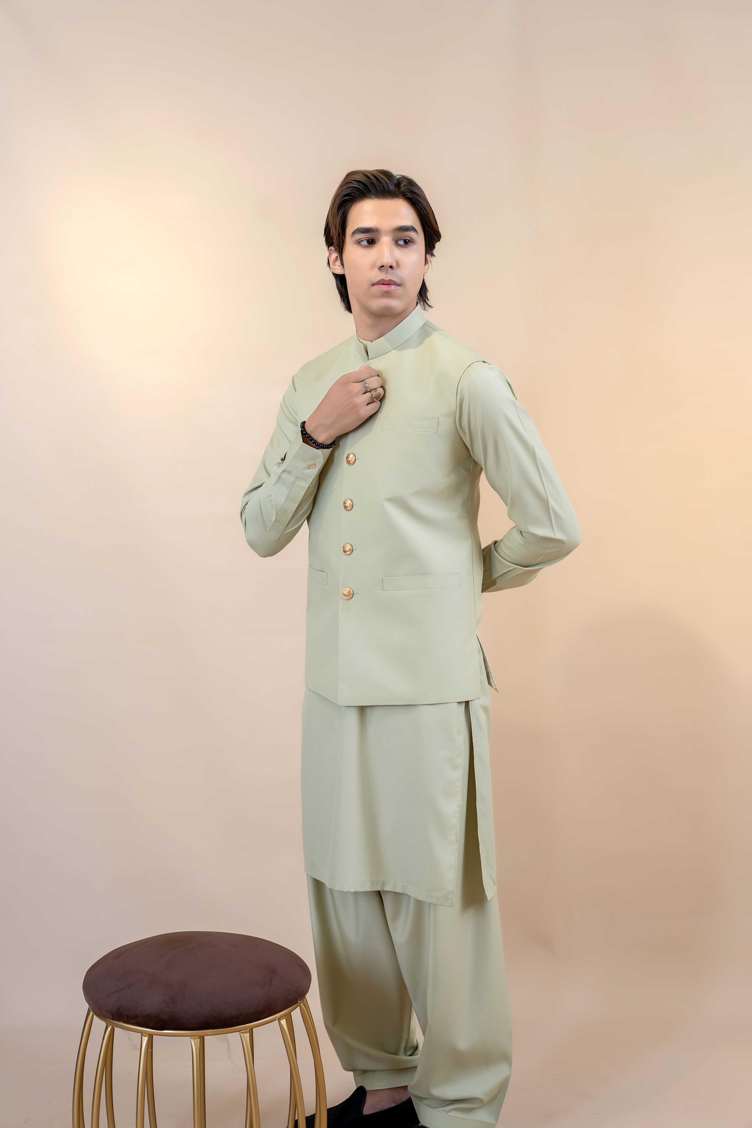Pista Green Cotton Waistcoat Kurta Set (3-Piece) - Image 1