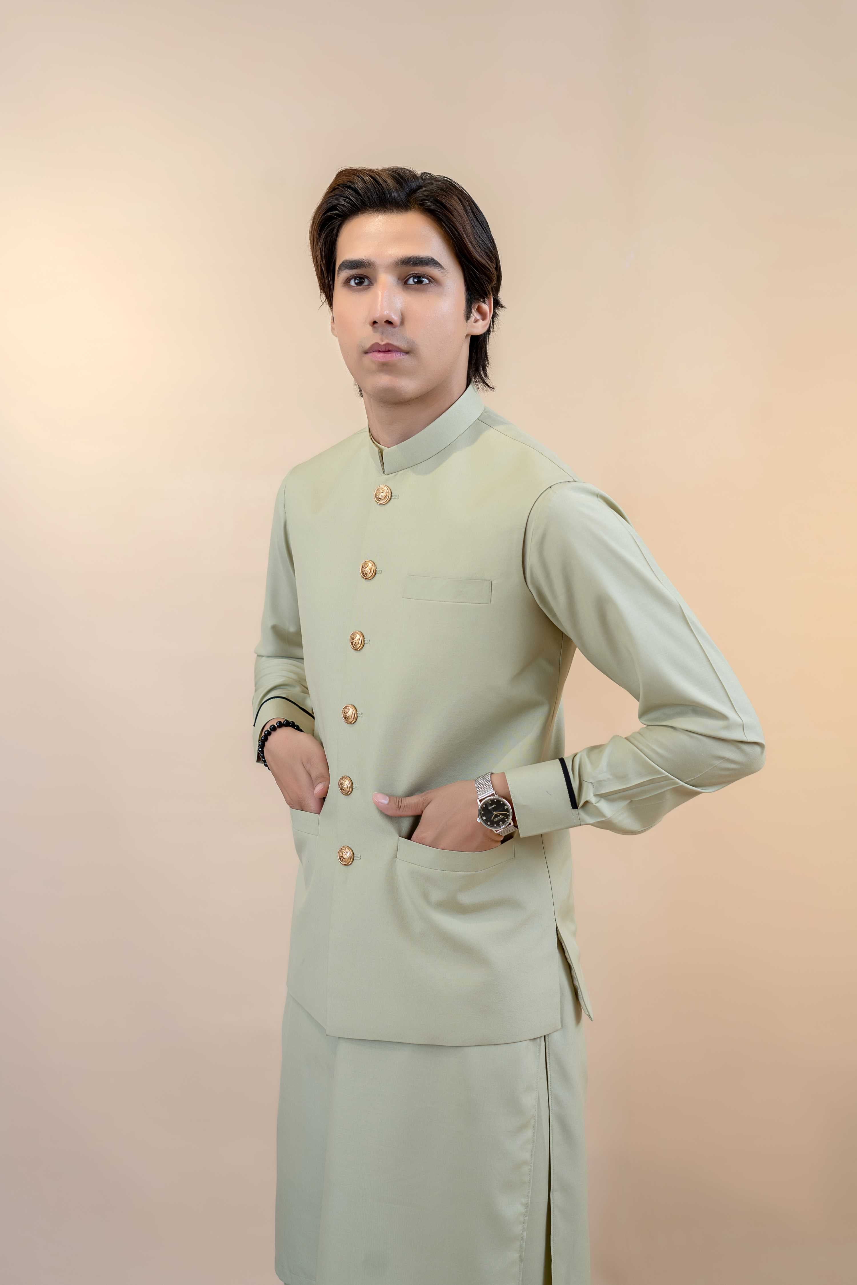 Pista Green Cotton Waistcoat Kurta Set (3-Piece) - Image 2