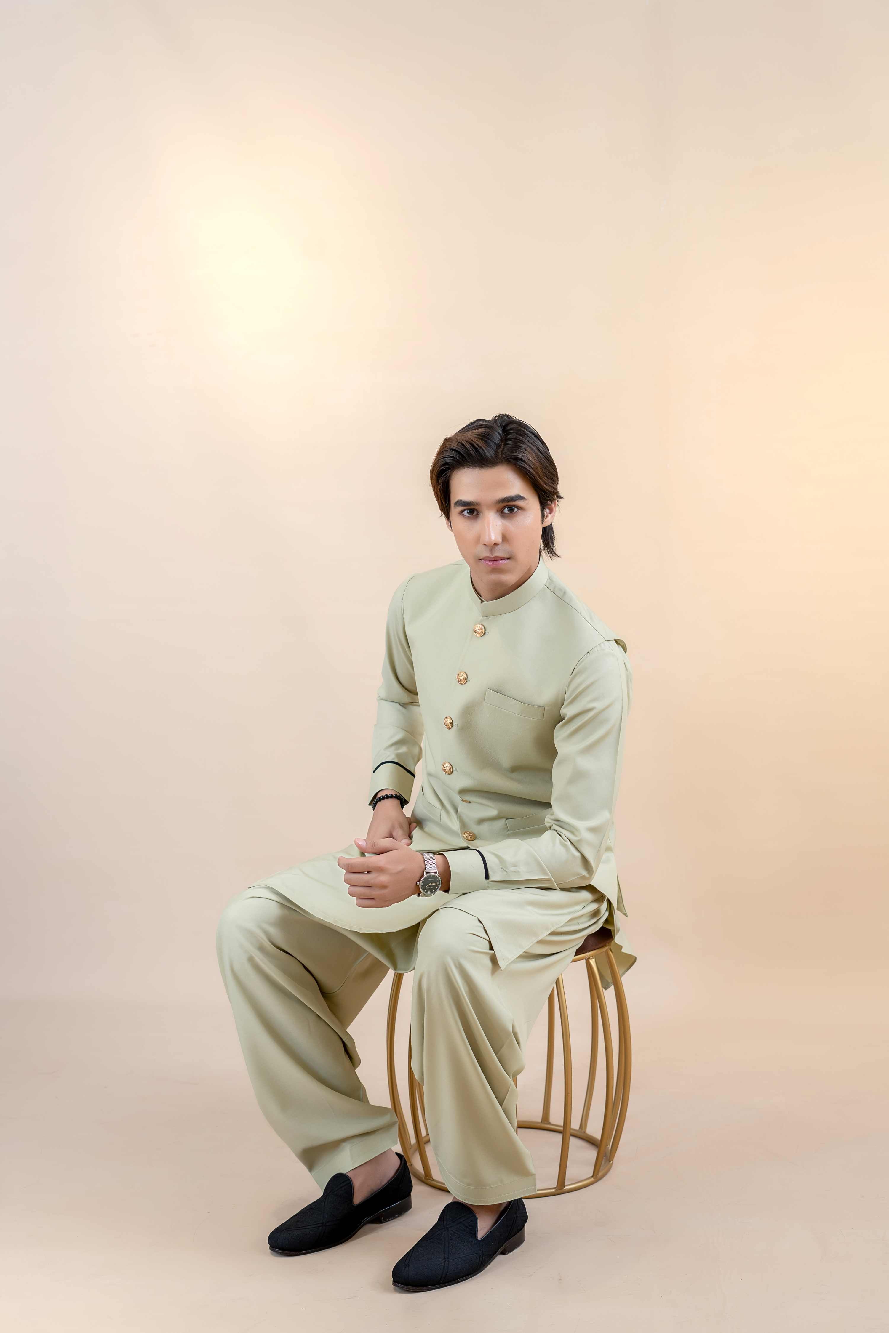 Pista Green Cotton Waistcoat Kurta Set (3-Piece) - Image 4