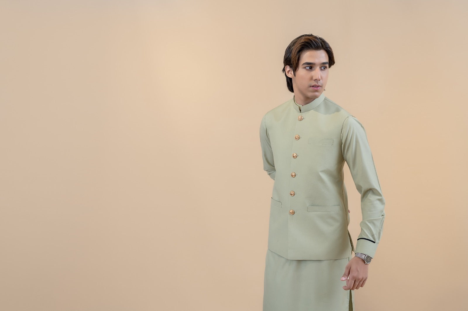 Pista Green Cotton Waistcoat Kurta Set (3-Piece) - Image 5