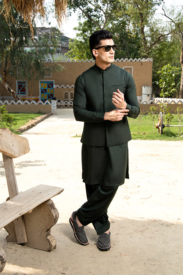 Bottle Green Tailored Cotton Waistcoat Kurta Shalwar (3-Piece) - Image 1