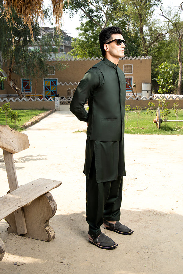 Bottle Green Tailored Cotton Waistcoat Kurta Shalwar (3-Piece) - Image 2