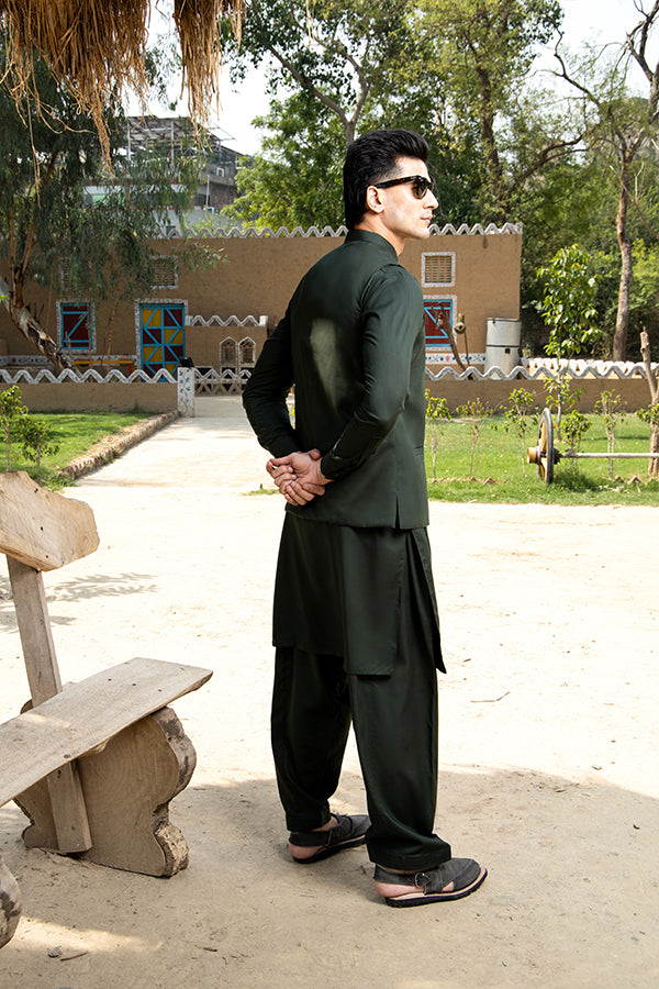 Bottle Green Tailored Cotton Waistcoat Kurta Shalwar (3-Piece) - Image 3