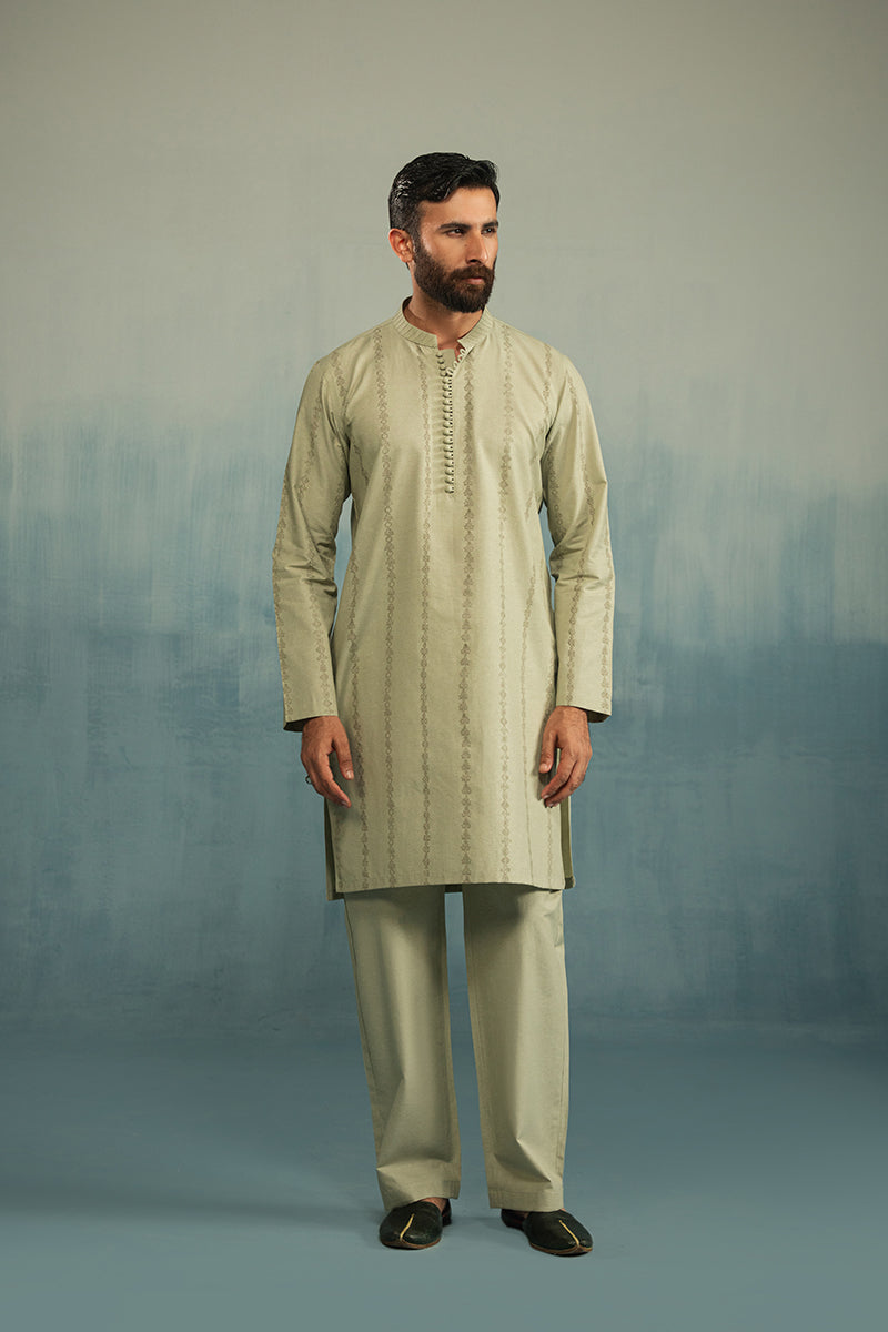 Light Green Block Print Cotton Waistcoat Kurta (3-Piece) - Image 1