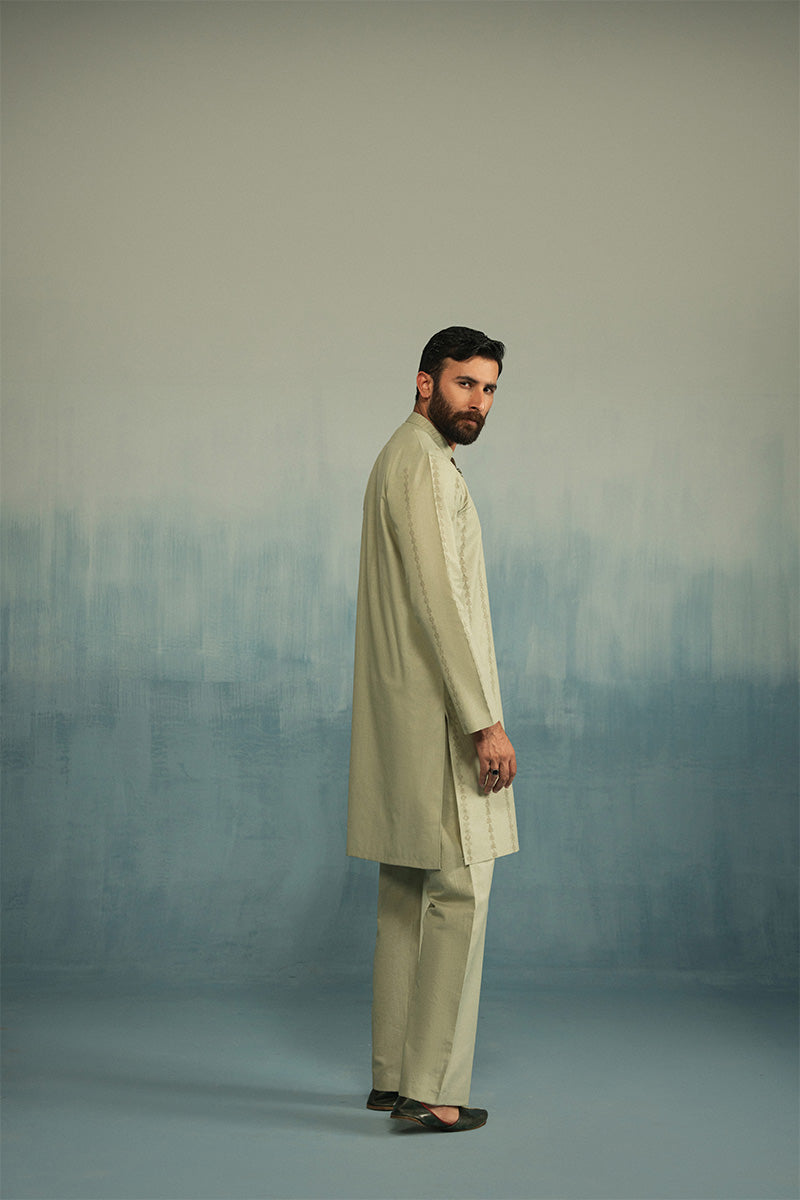 Light Green Block Print Cotton Waistcoat Kurta (3-Piece) - Image 2