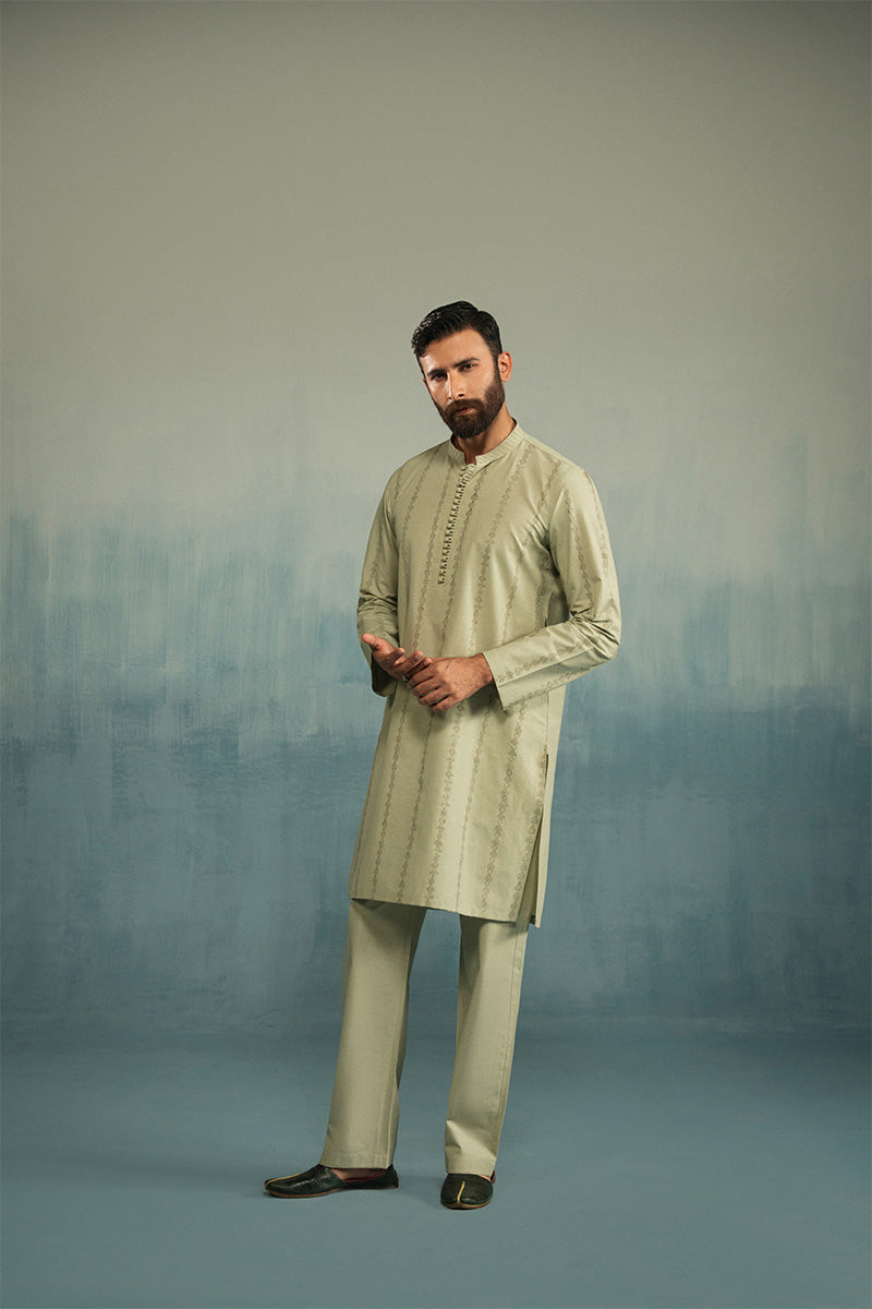 Light Green Block Print Cotton Waistcoat Kurta (3-Piece) - Image 3
