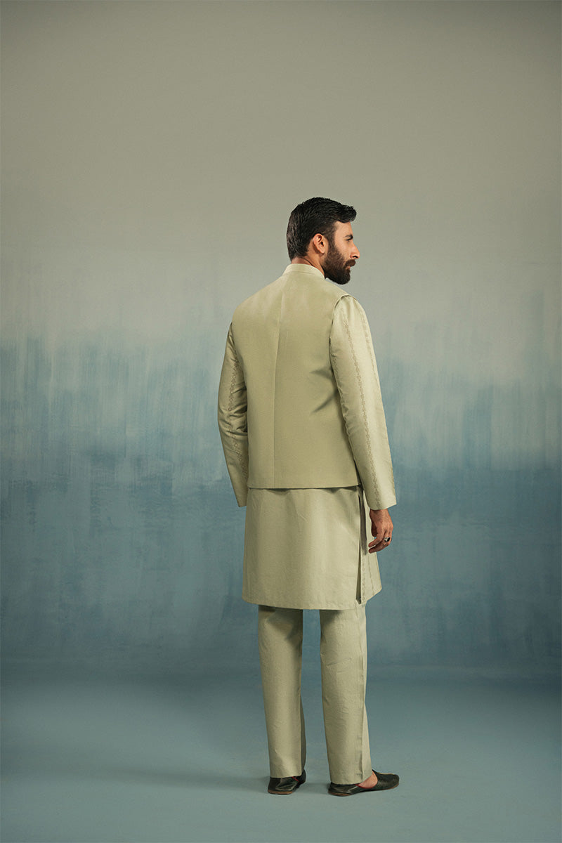 Light Green Block Print Cotton Waistcoat Kurta (3-Piece) - Image 5