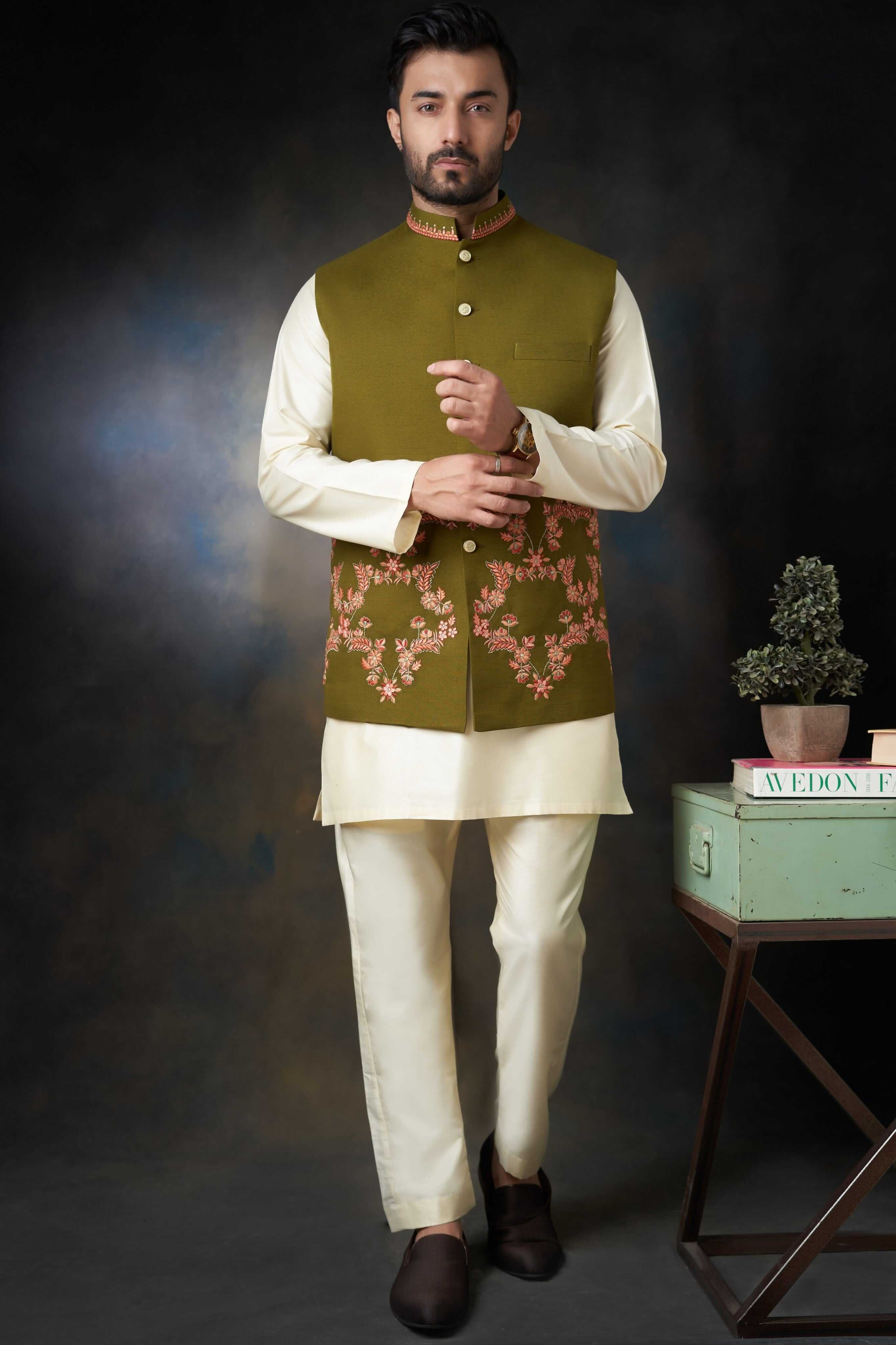 Dark Olive Green Embroidered Waistcoat Cotton Kurta (3-Piece) - Image 2