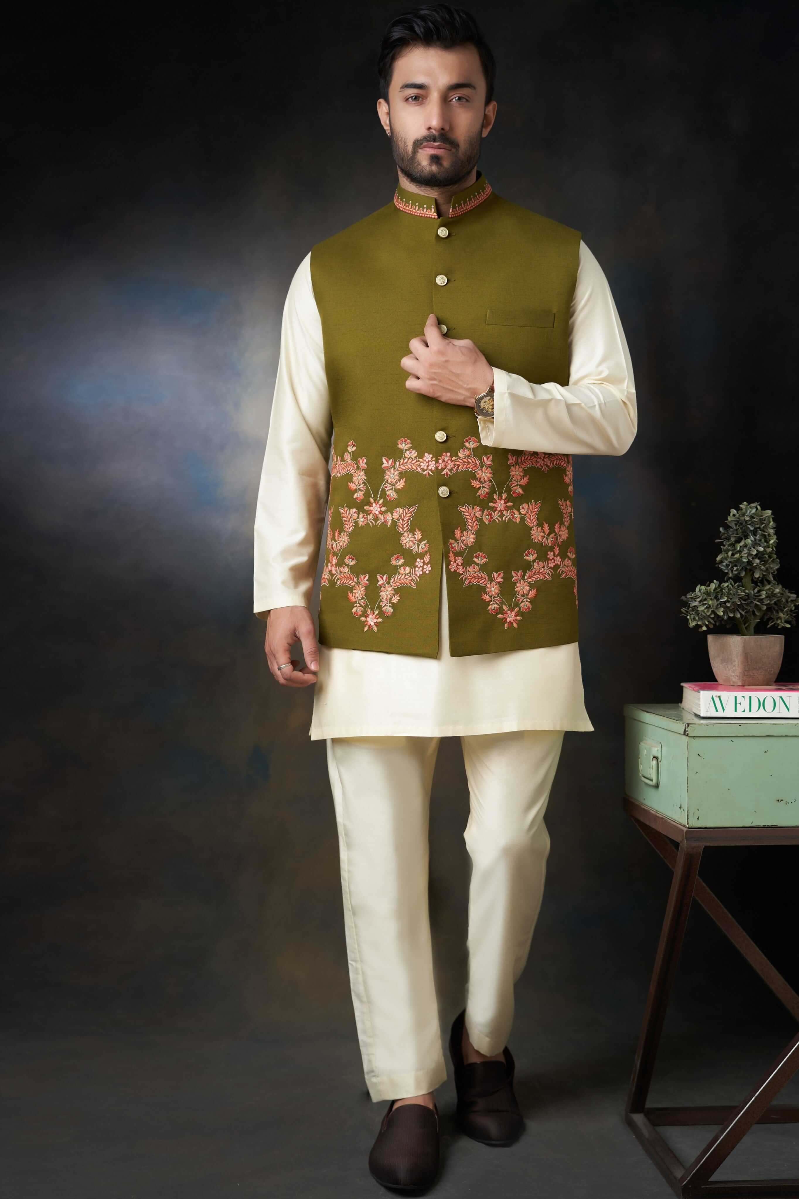 Dark Olive Green Embroidered Waistcoat Cotton Kurta (3-Piece) - Image 3