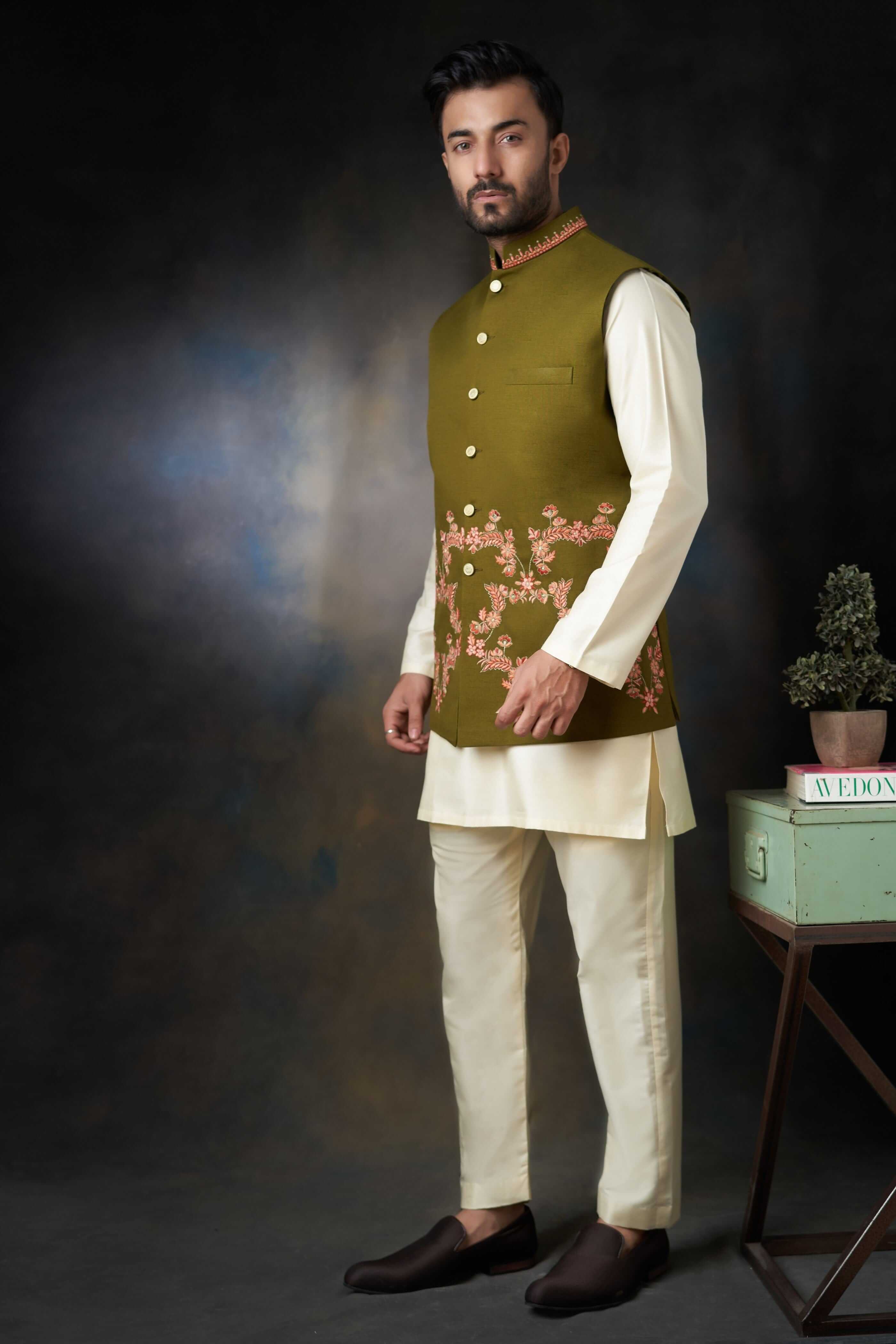 Dark Olive Green Embroidered Waistcoat Cotton Kurta (3-Piece) - Image 4