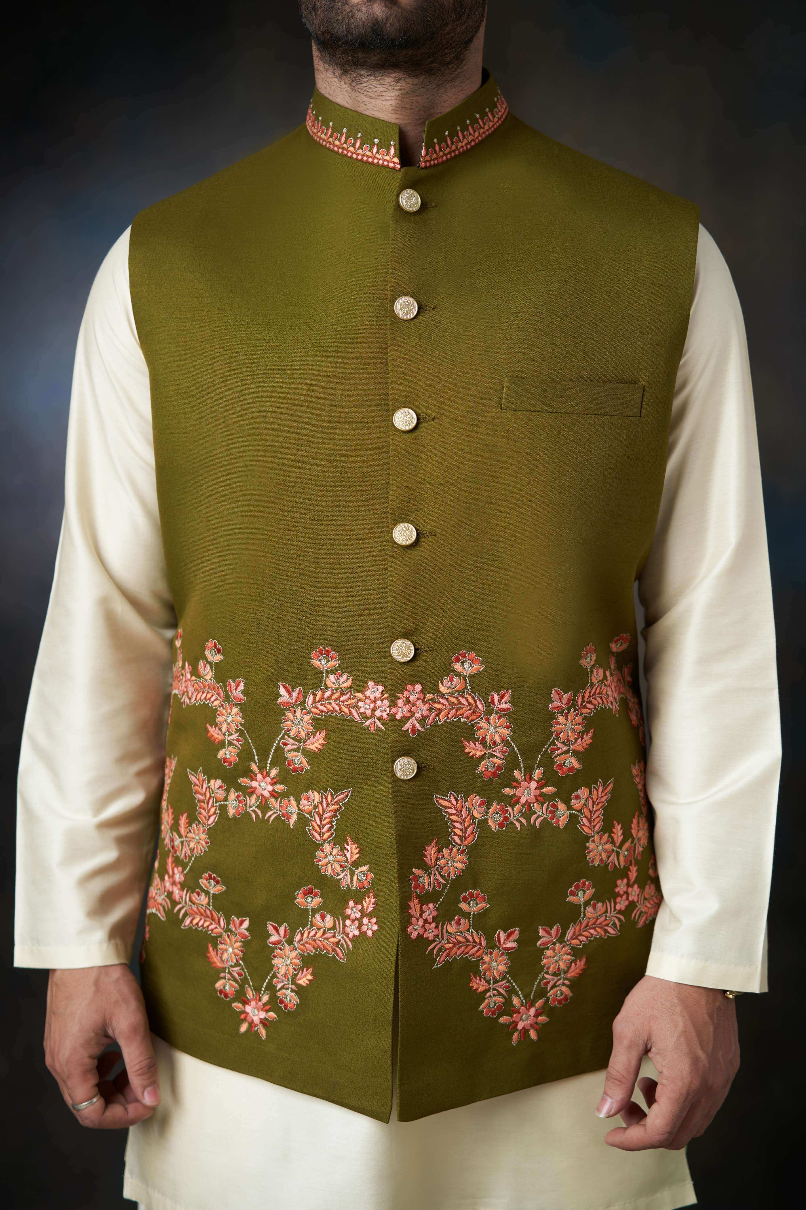Dark Olive Green Embroidered Waistcoat Cotton Kurta (3-Piece) - Image 6