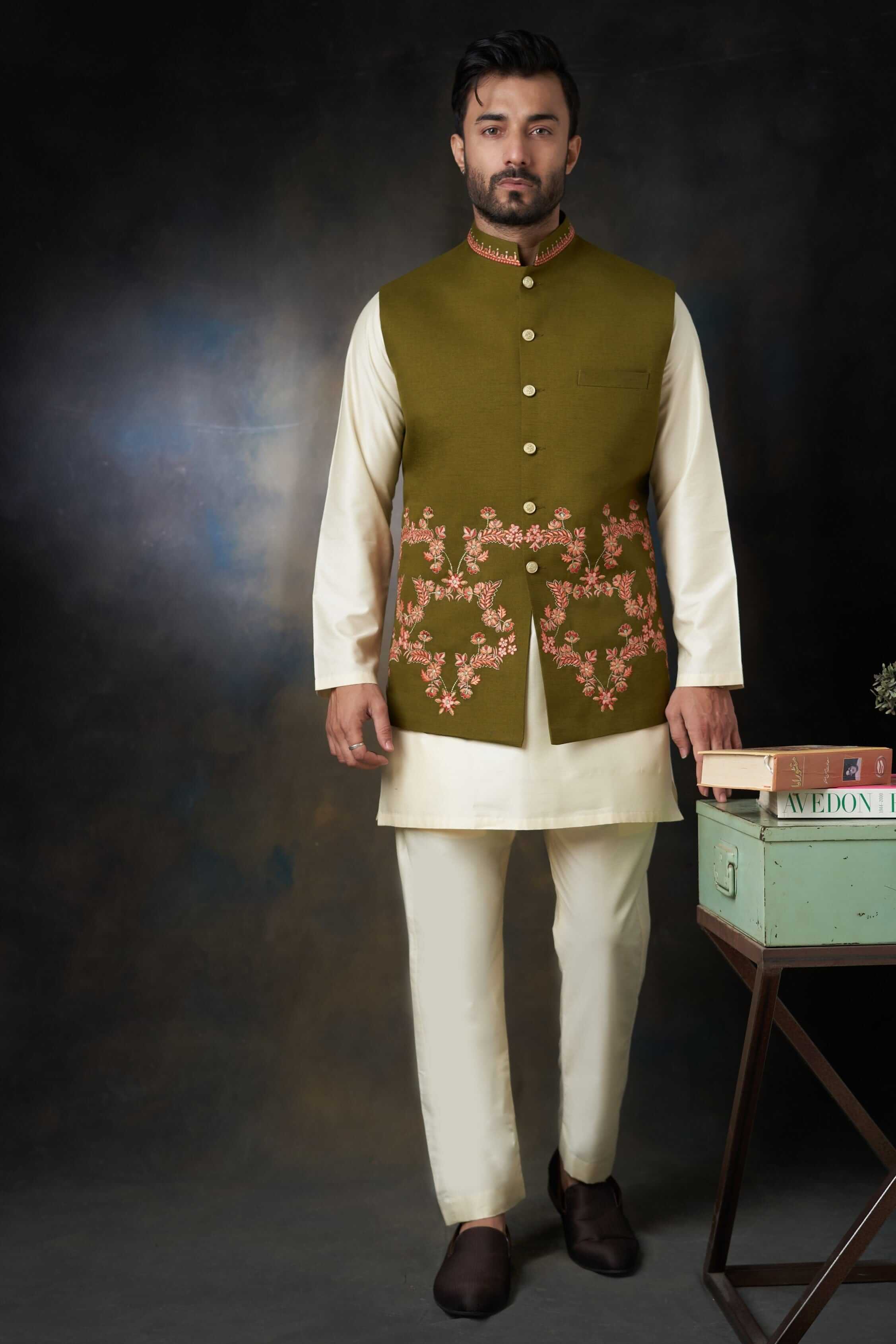 Dark Olive Green Embroidered Waistcoat Cotton Kurta (3-Piece) - Image 7