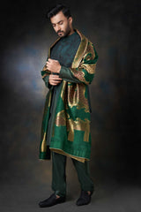 Emerald Green Embroidered Cotton Waistcoat Kurta (3-Piece) - Image 2