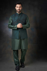 Emerald Green Embroidered Cotton Waistcoat Kurta (3-Piece) - Image 6
