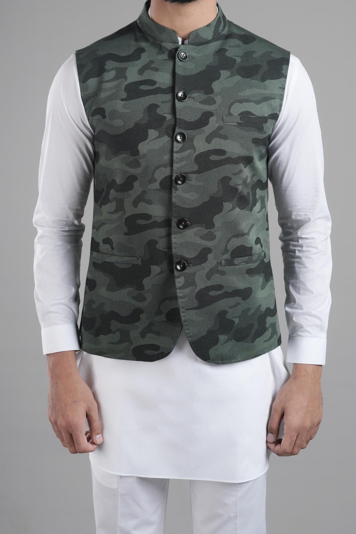 Green Camouflage Cotton Jacquard Waistcoat (3-Piece) - Image 2