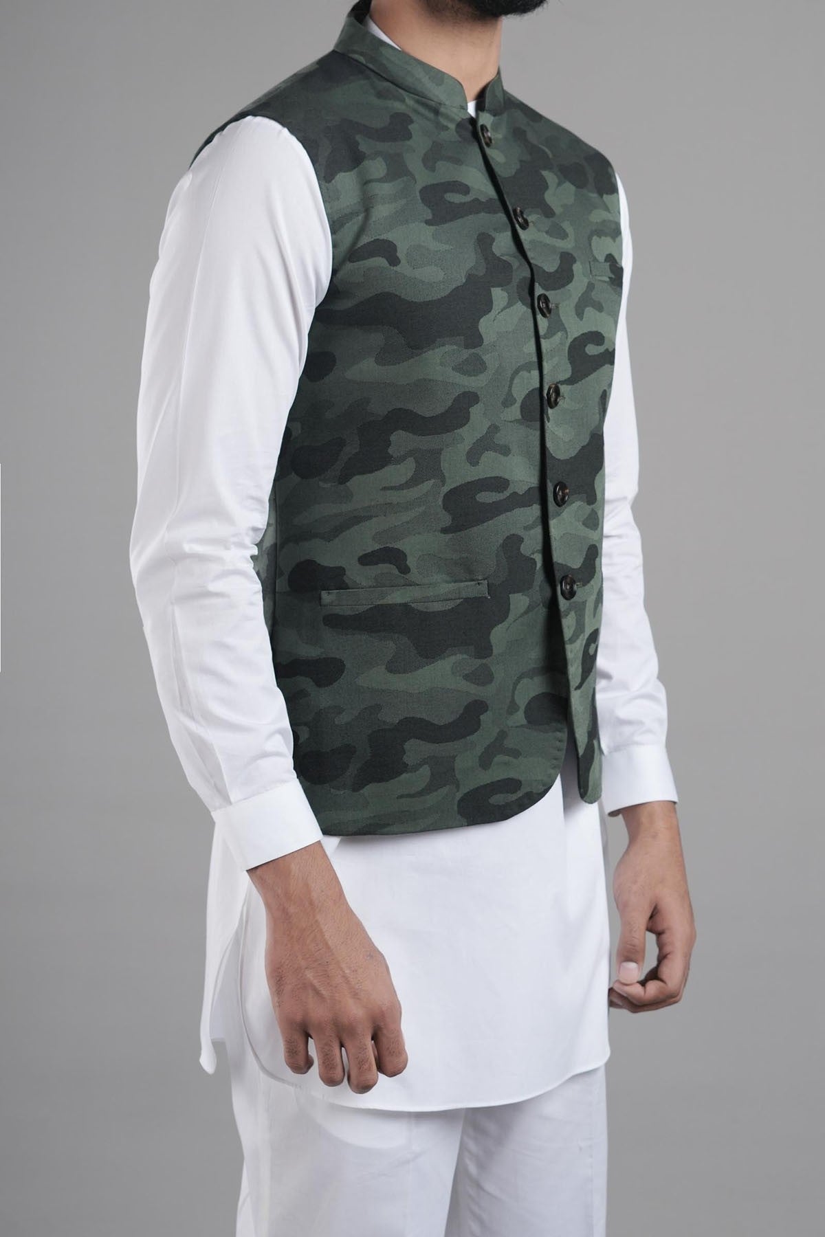Green Camouflage Cotton Jacquard Waistcoat (3-Piece) - Image 3