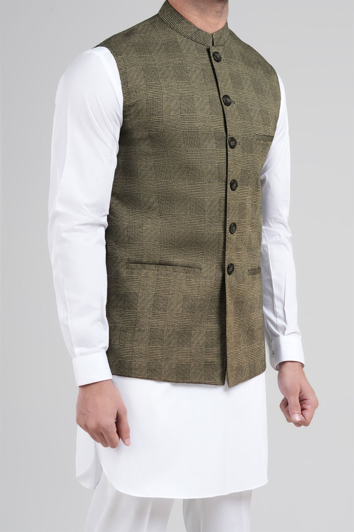 Muted Green Cotton Jacquard Waistcoat Kurta (3-Piece) - Image 1