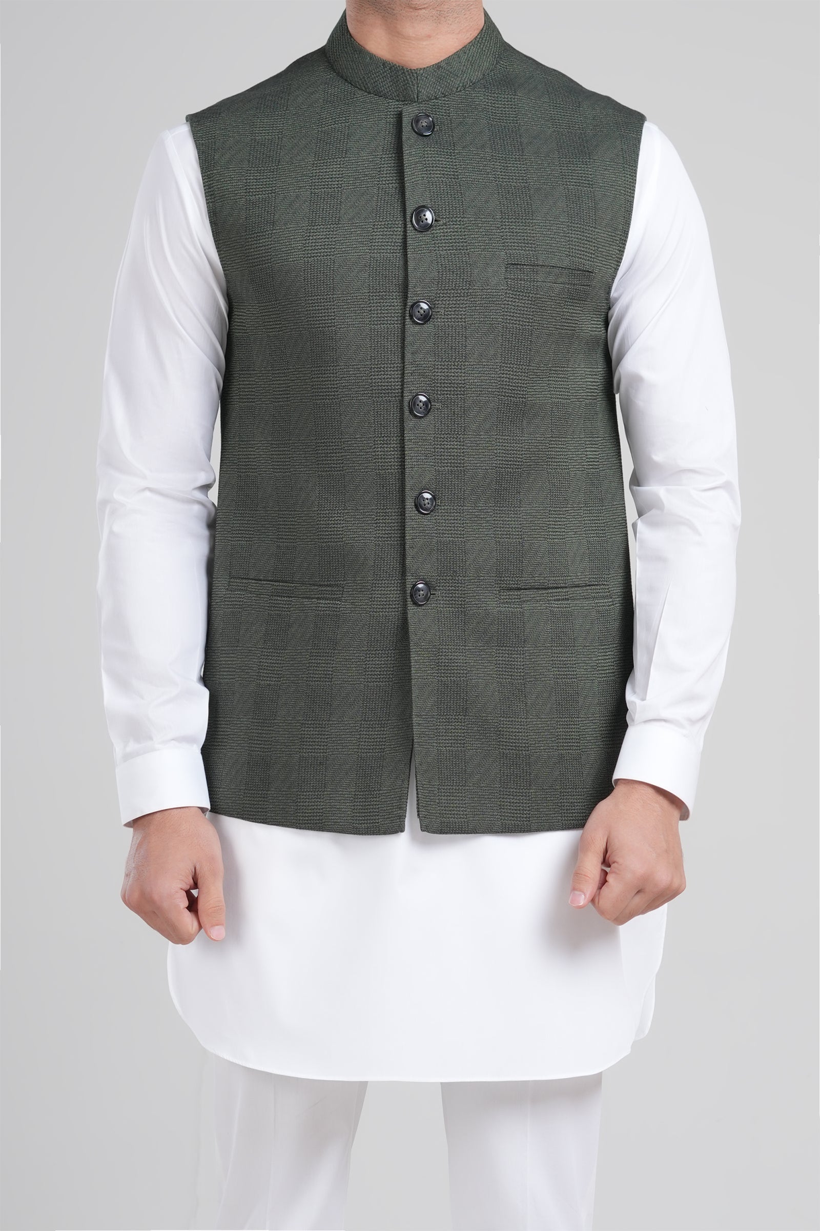 Deep Green Cotton Jacquard Waistcoat Kurta (3-Piece) - Image 2