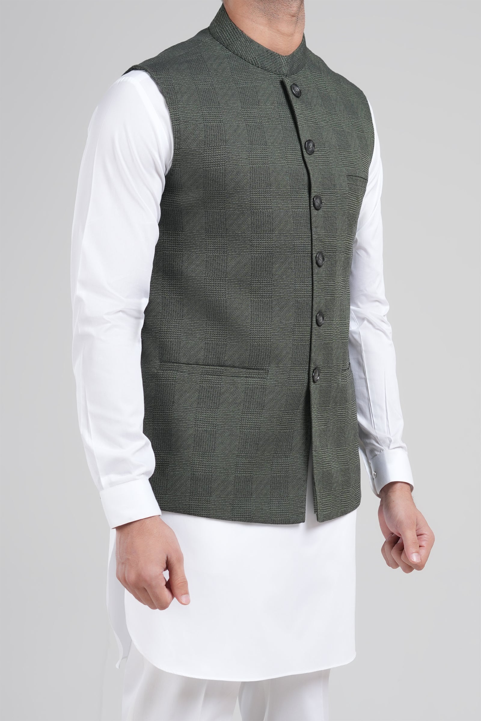 Deep Green Cotton Jacquard Waistcoat Kurta (3-Piece) - Image 3