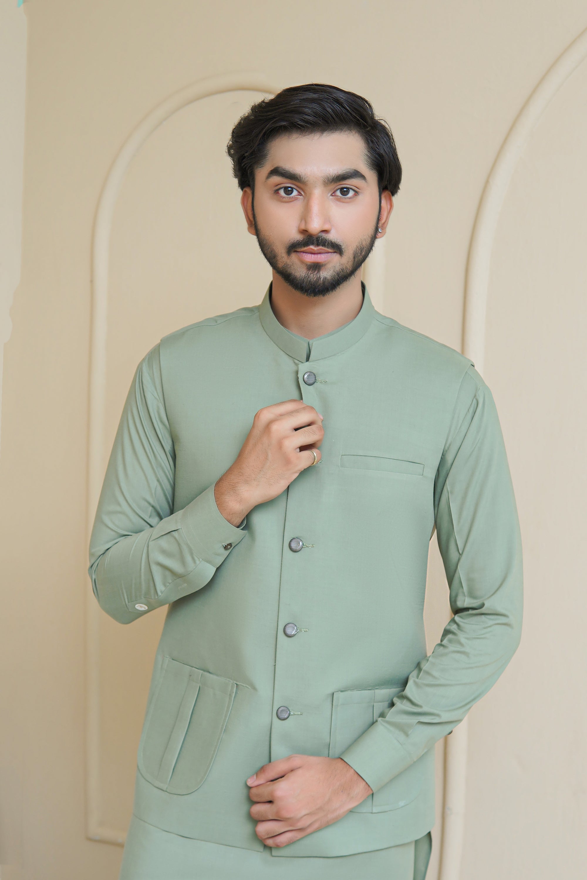 Misty Green Premium Fabric Waistcoat Kurta (3-Piece) - Image 1