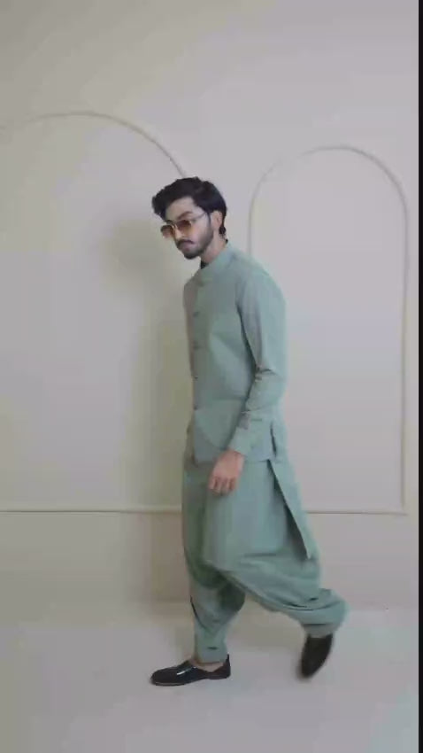 Misty Green Premium Fabric Waistcoat Kurta (3-Piece) - Image 2