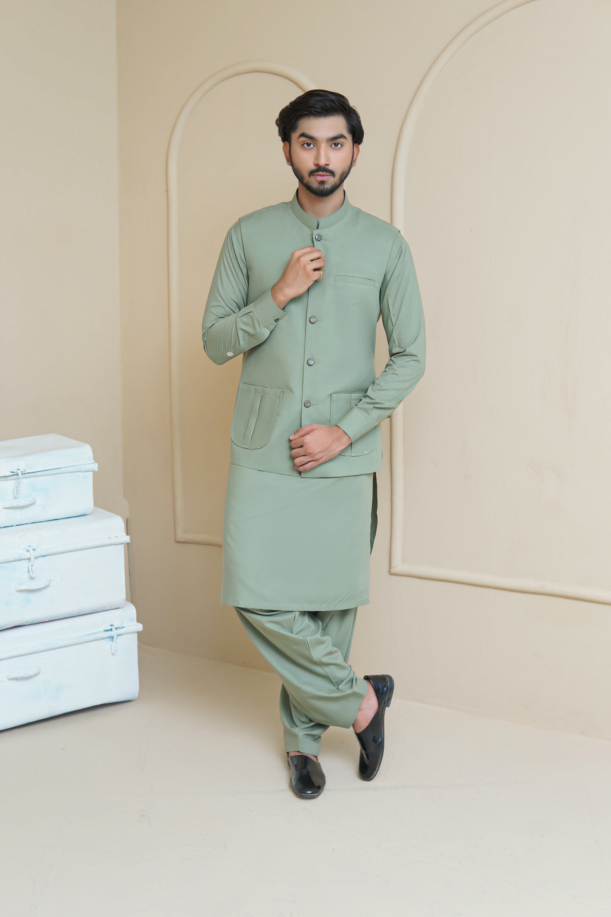 Misty Green Premium Fabric Waistcoat Kurta (3-Piece) - Image 3