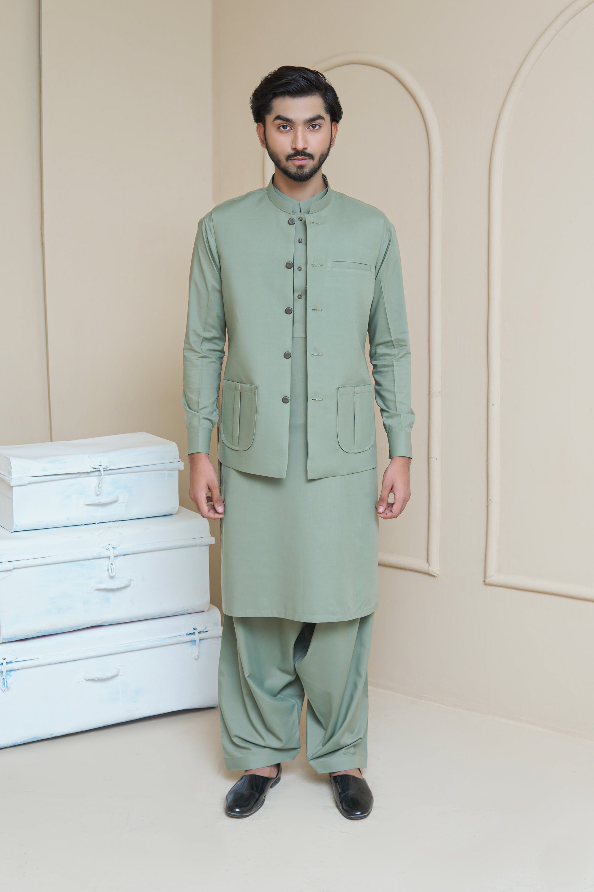 Misty Green Premium Fabric Waistcoat Kurta (3-Piece) - Image 5