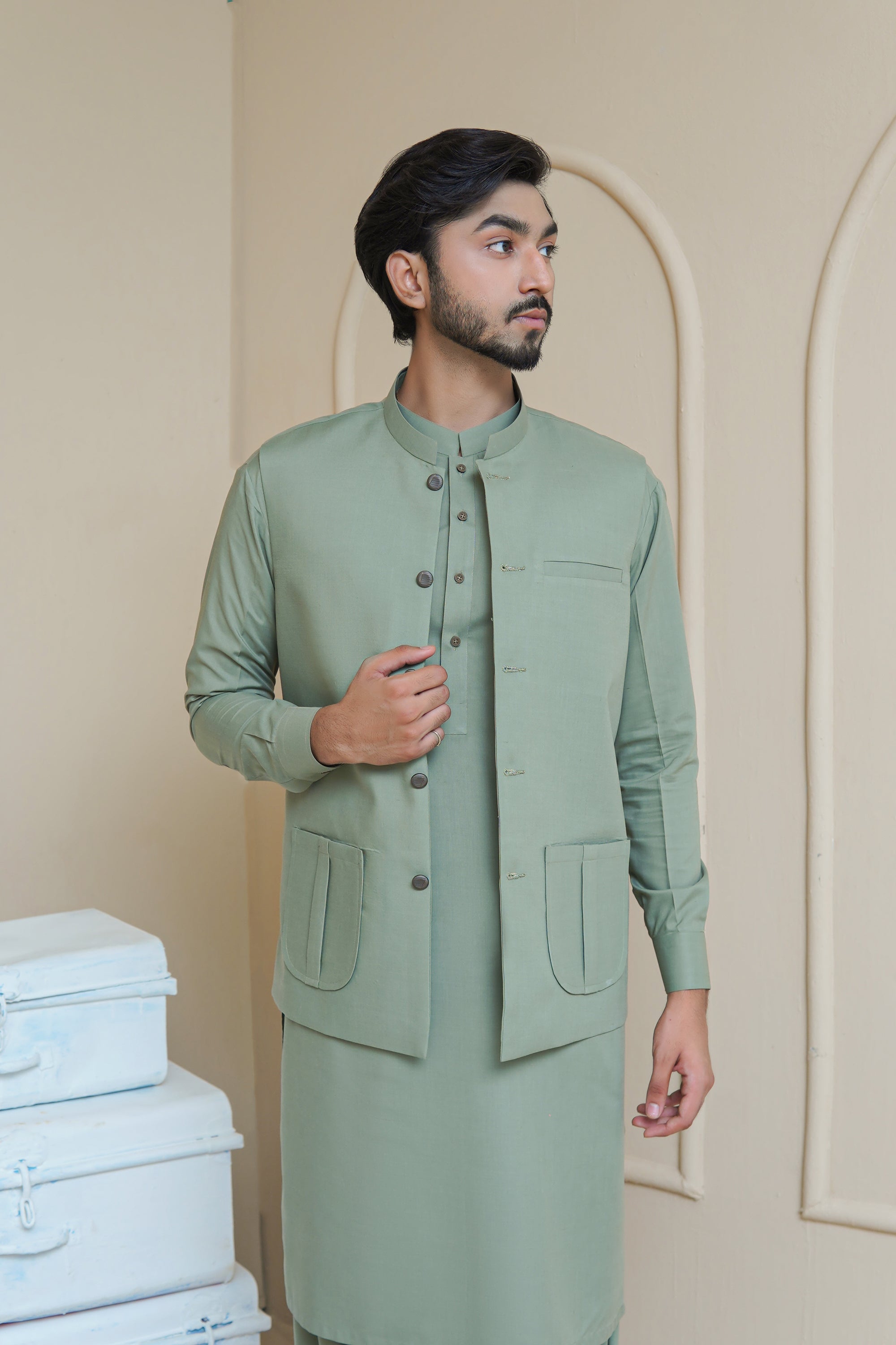 Misty Green Premium Fabric Waistcoat Kurta (3-Piece) - Image 6