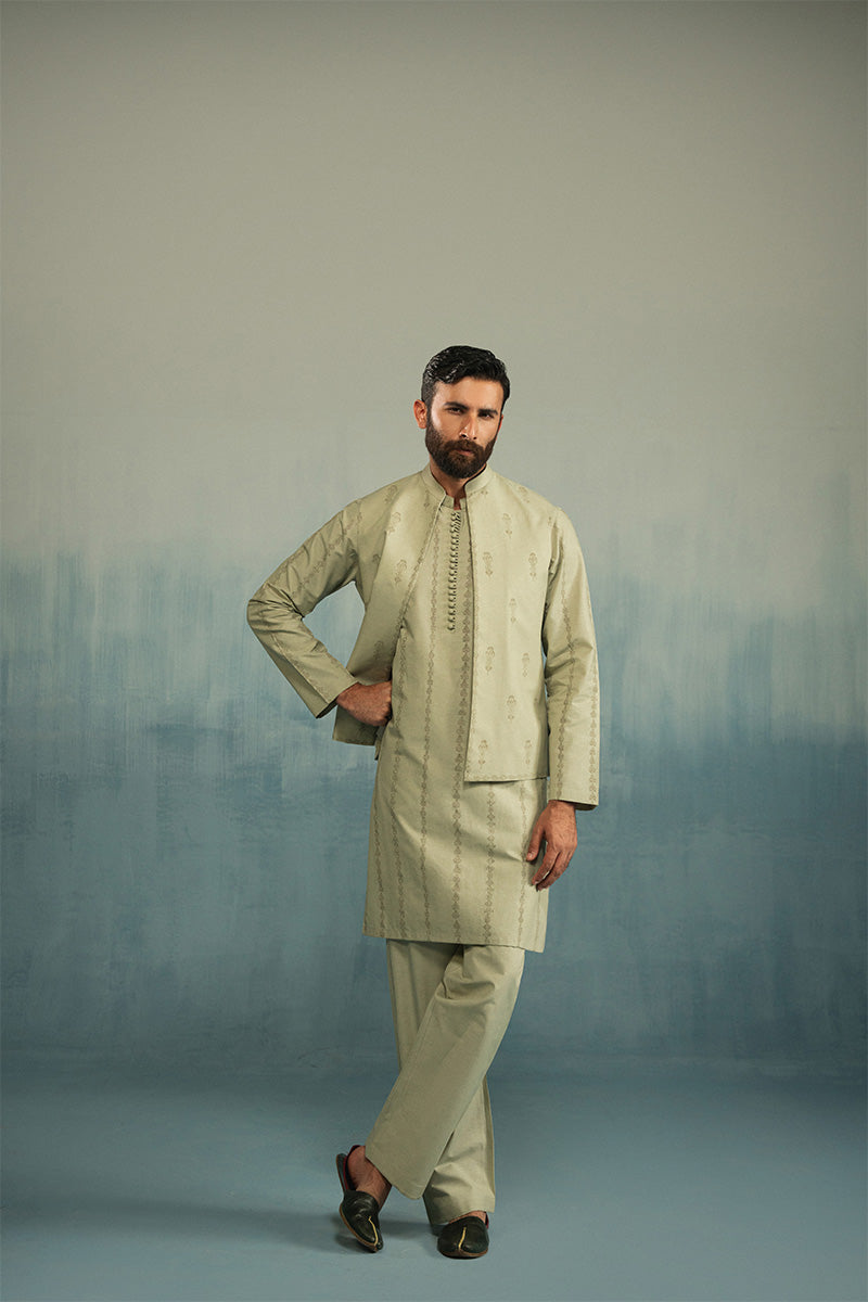 Light Green Block-Printed Cotton-Silk Waistcoat Kurta (3-Piece) - Image 1