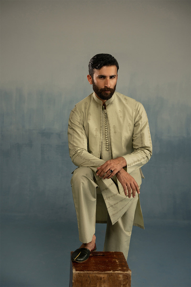 Light Green Block-Printed Cotton-Silk Waistcoat Kurta (3-Piece) - Image 4