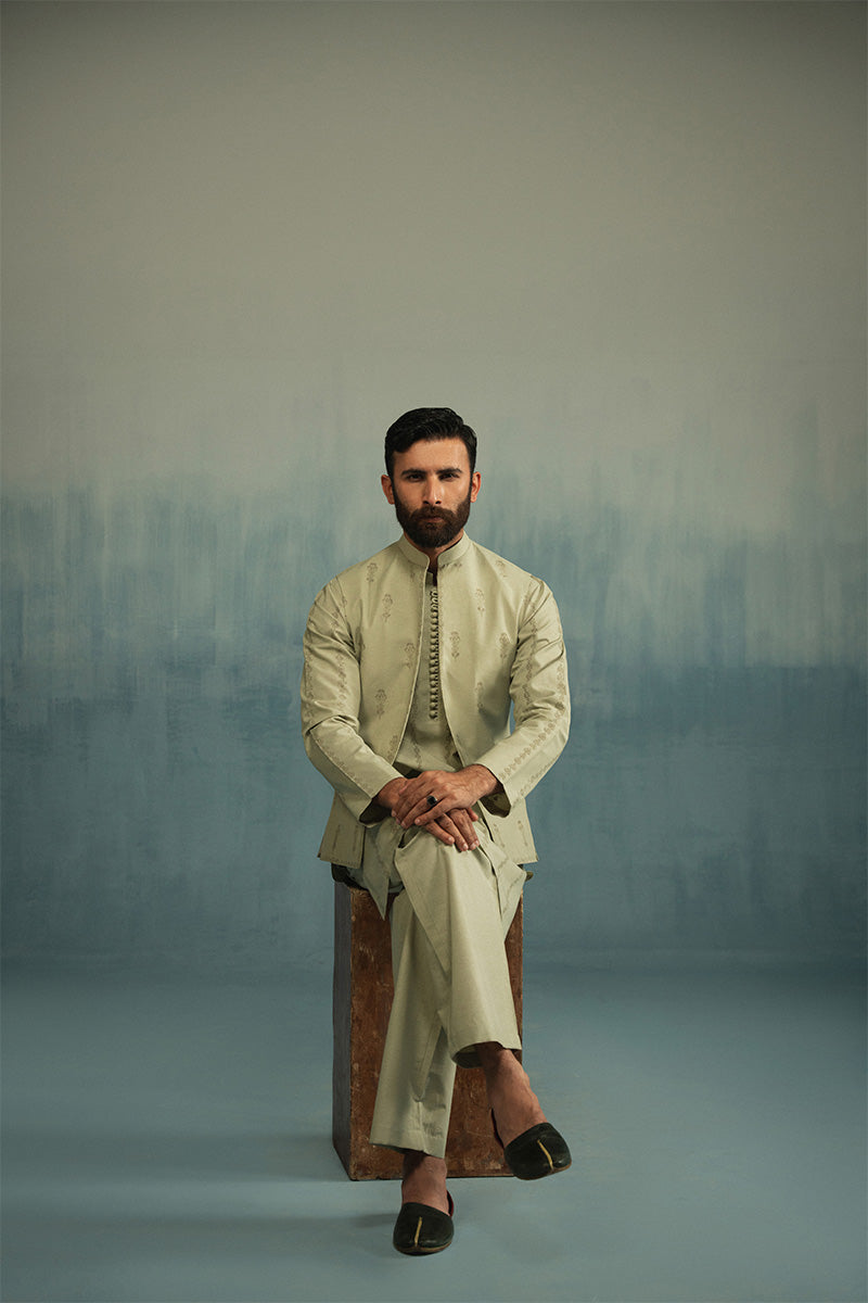 Light Green Block-Printed Cotton-Silk Waistcoat Kurta (3-Piece) - Image 6