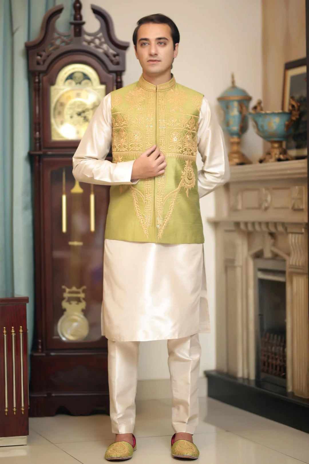 Apple Green Embroidered Cotton Silk Waistcoat (3-Piece) - Image 1