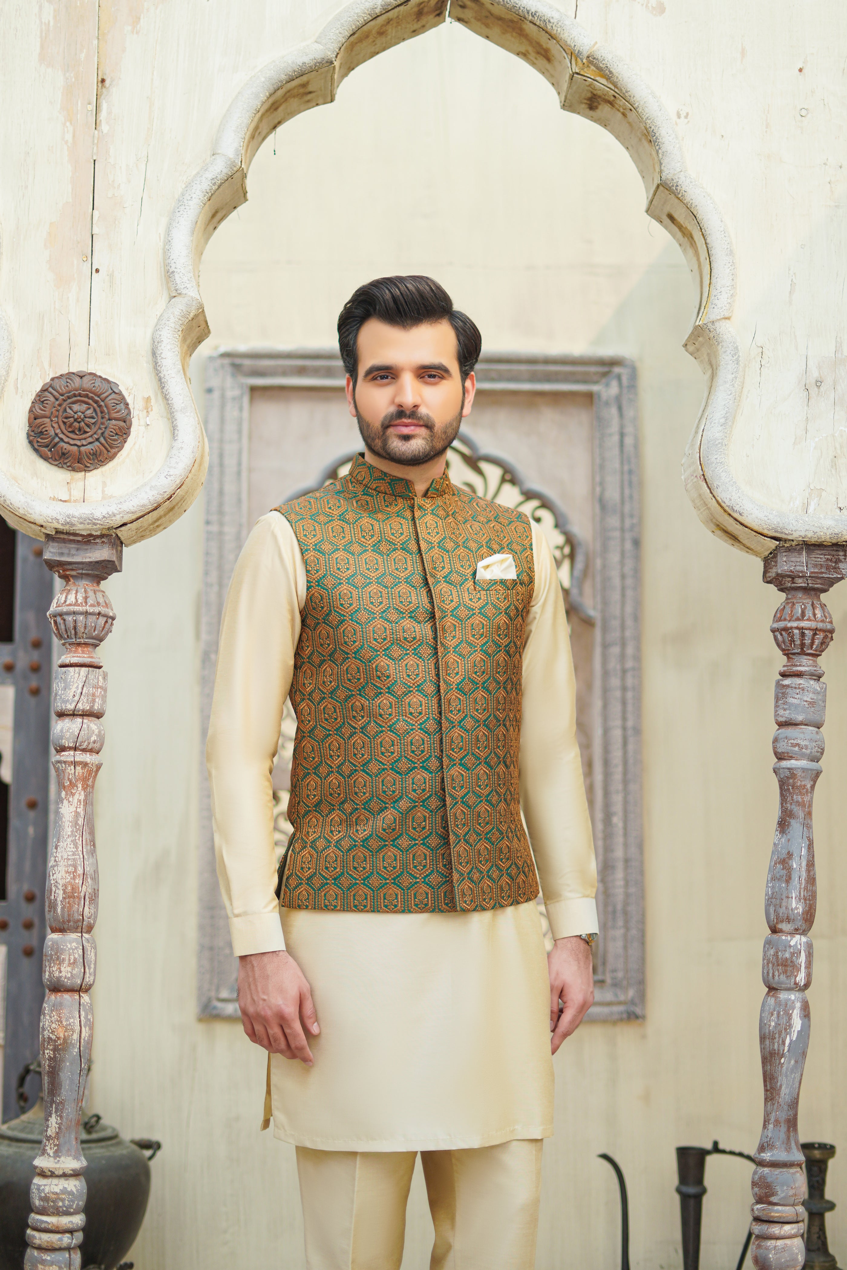 Green Beige Embroidered Cotton Silk Waistcoat Kurta Pajama (3-Piece) - Image 2