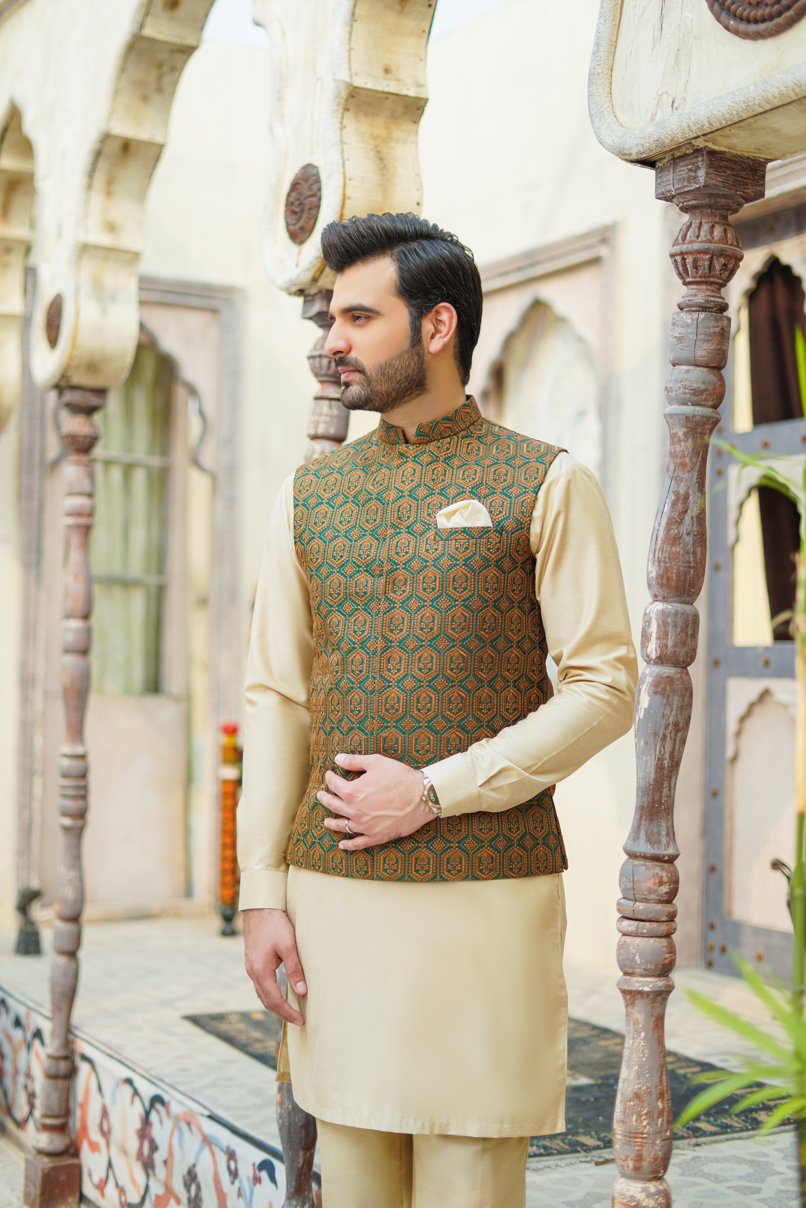 Green Beige Embroidered Cotton Silk Waistcoat Kurta Pajama (3-Piece) - Image 4