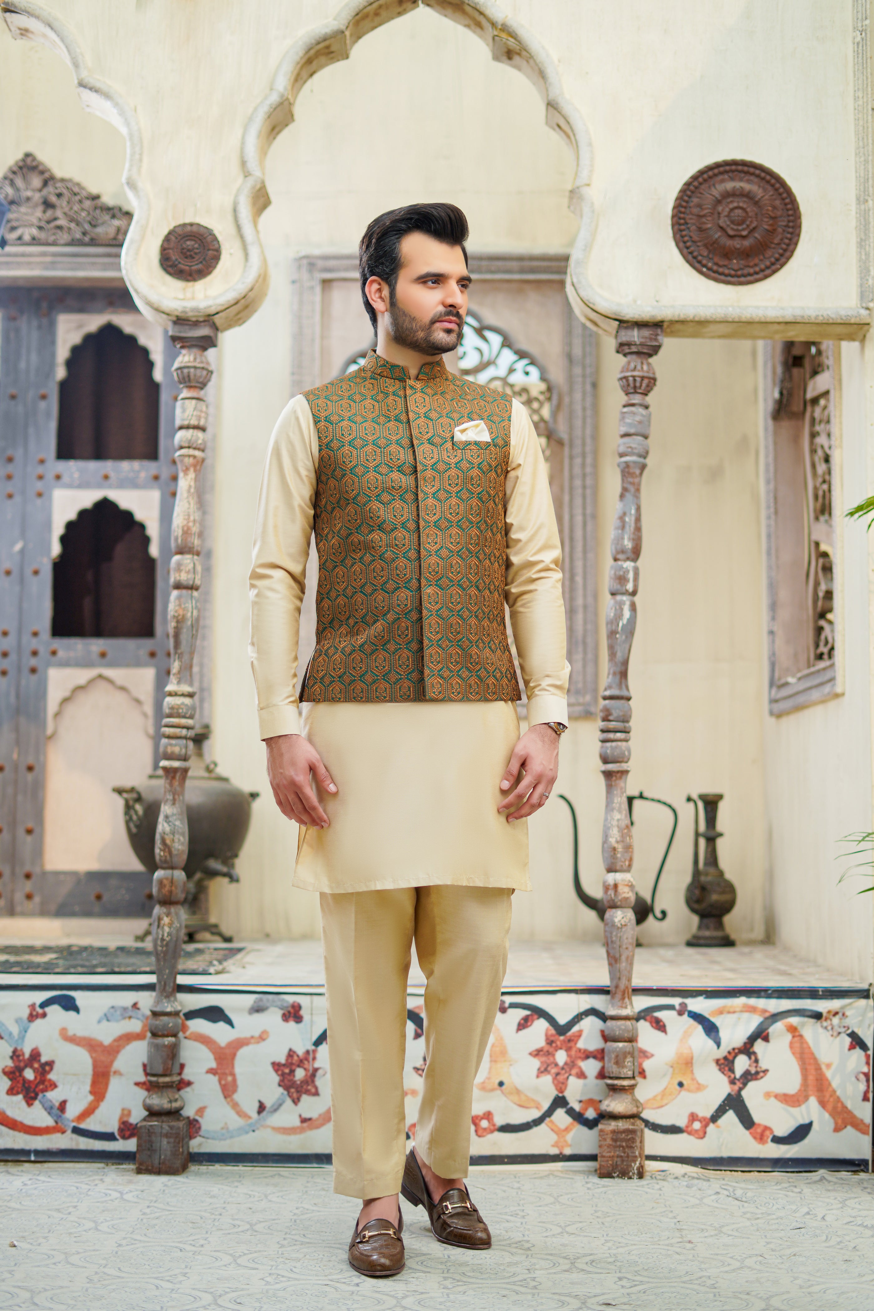 Green Beige Embroidered Cotton Silk Waistcoat Kurta Pajama (3-Piece) - Image 5