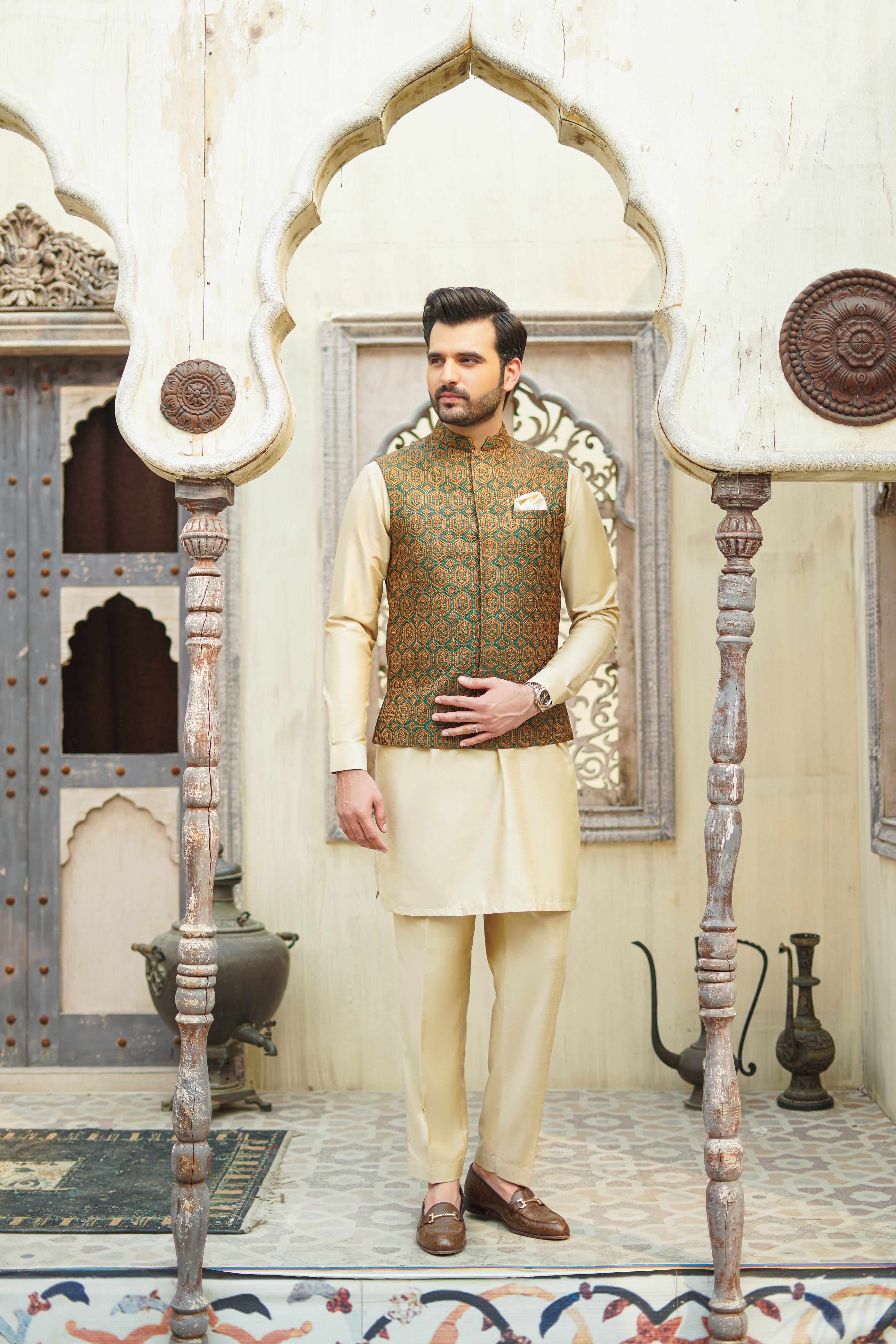 Green Beige Embroidered Cotton Silk Waistcoat Kurta Pajama (3-Piece) - Image 6